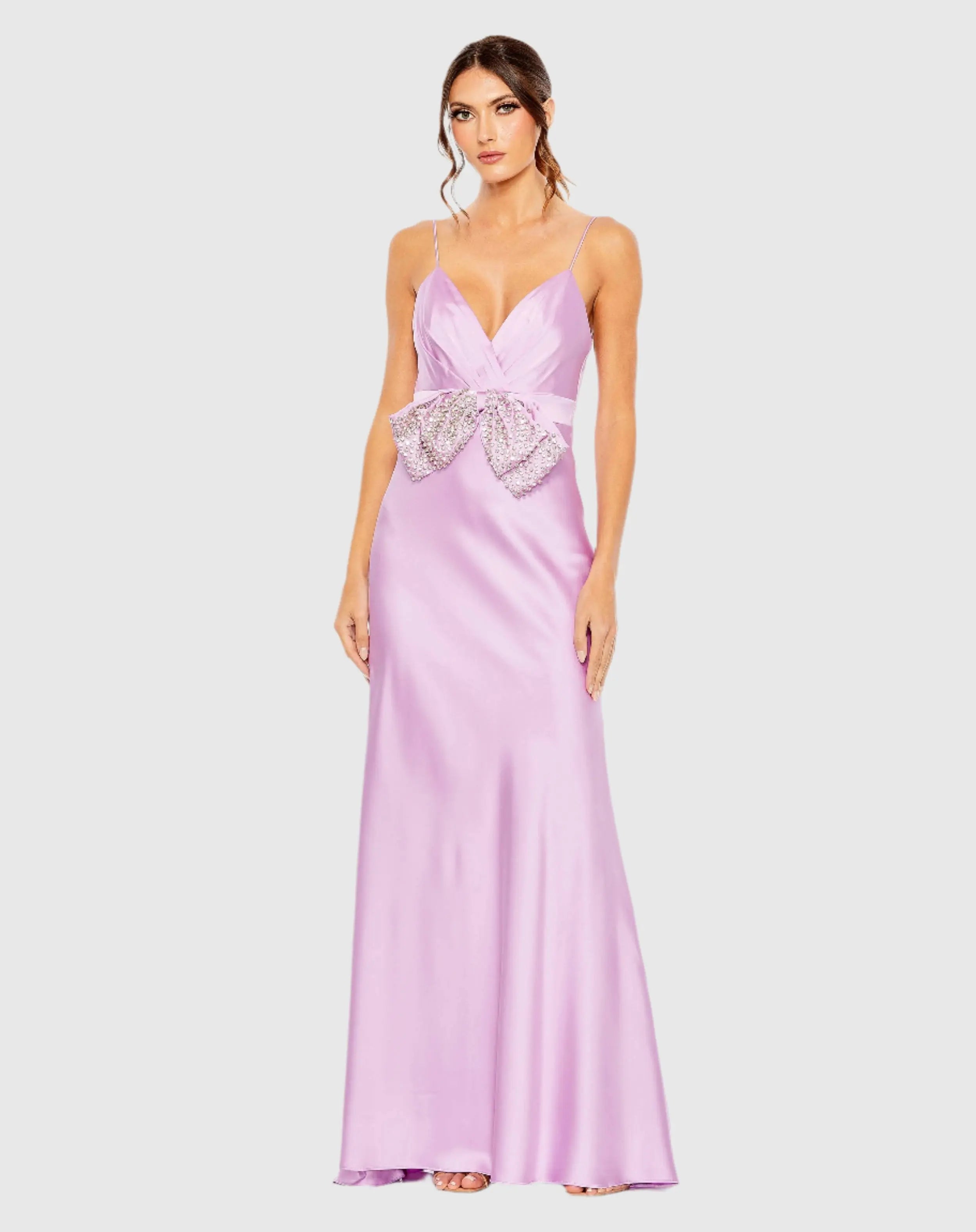 Purple Rhinestone Bow Cami Draped Trumpet Gown-Myartka