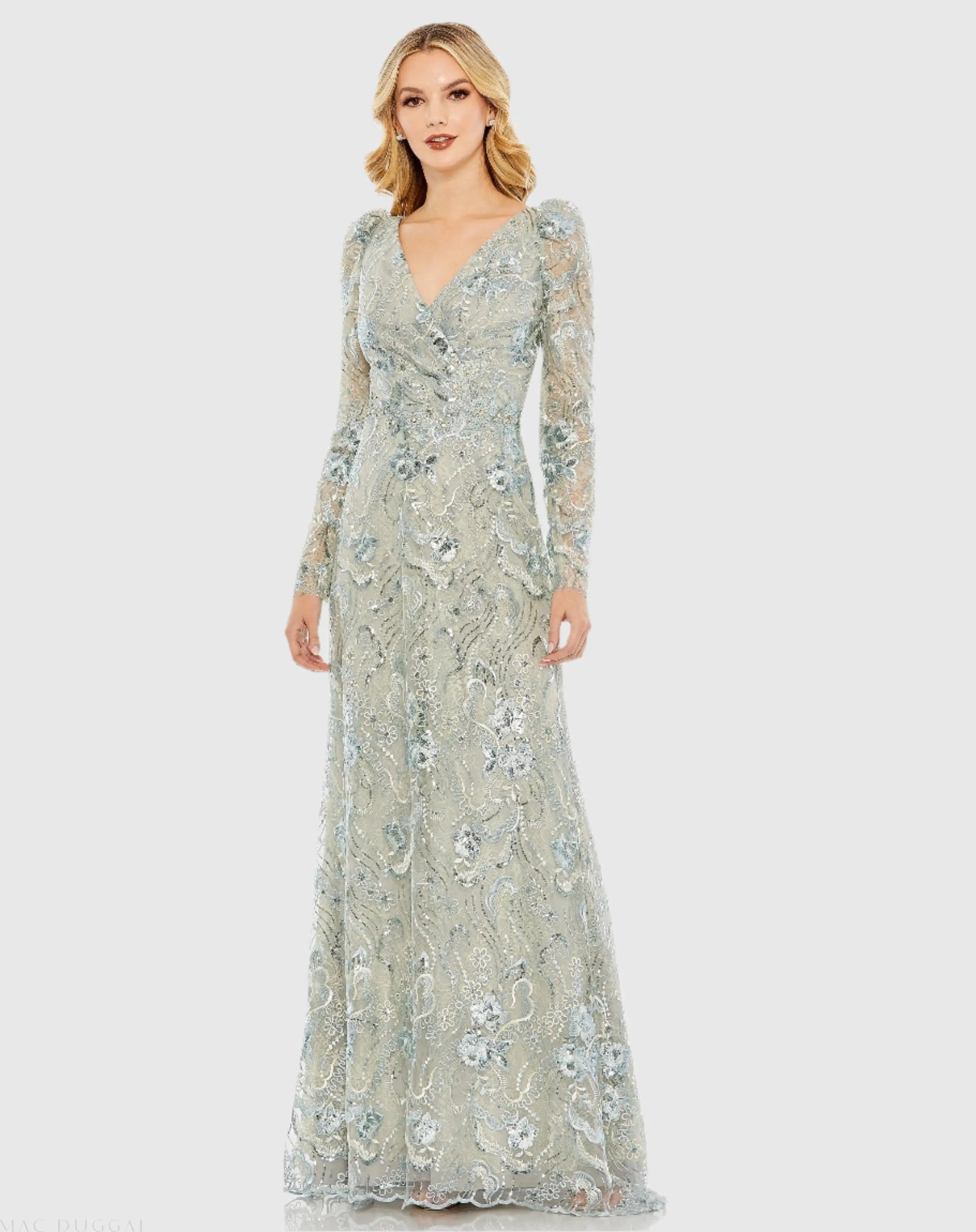 Green Embroidered Wrap Over Puff Sleeve Trumpet Gown-Myartka
