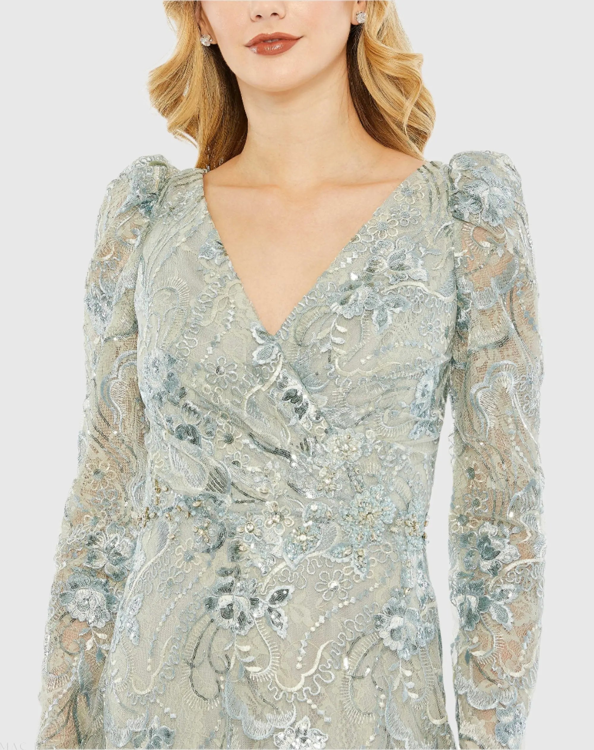 Green Embroidered Wrap Over Puff Sleeve Trumpet Gown-Myartka