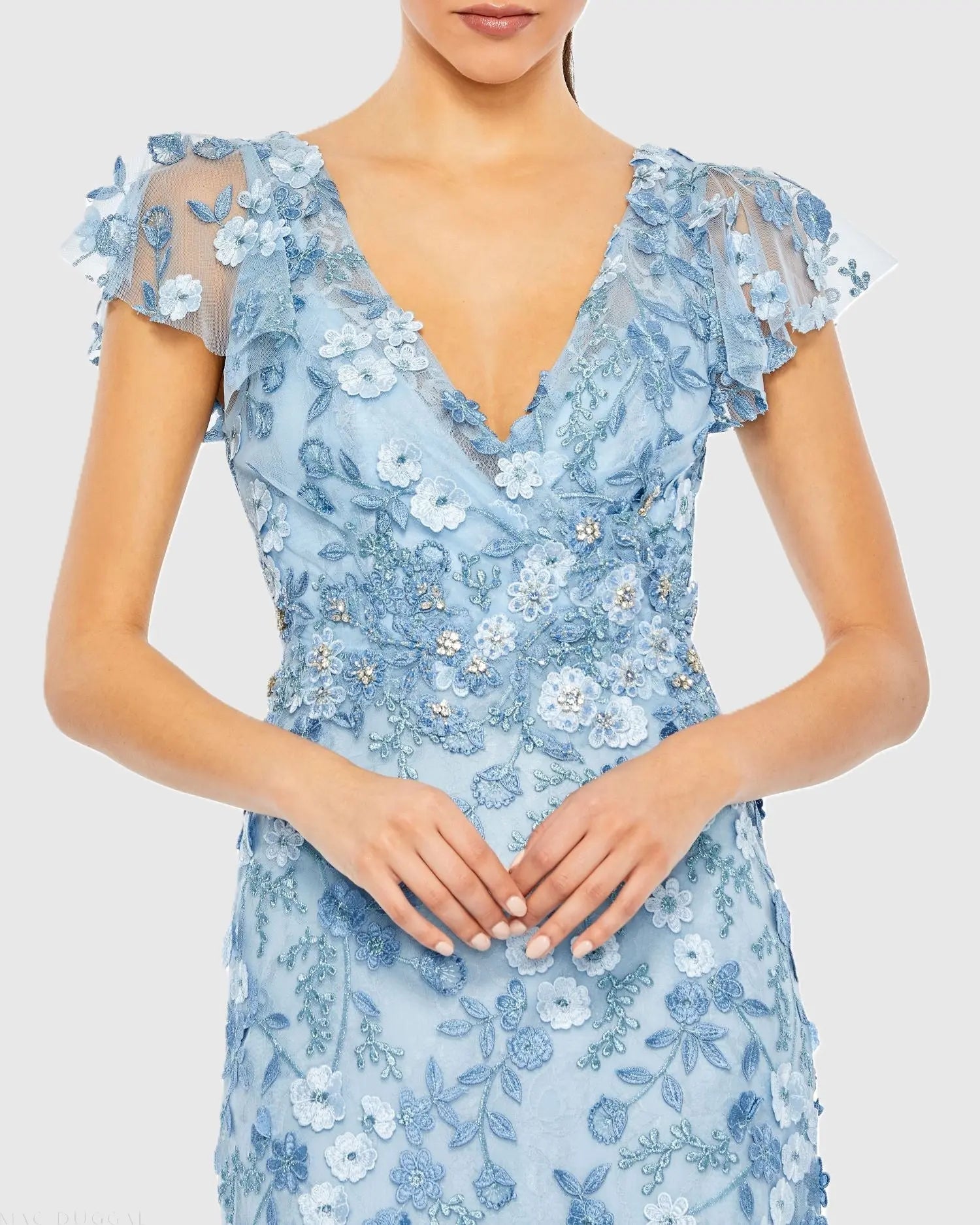 Blue Embroidered Applique Wrap Over Flutter Sleeve Gown-Myartka