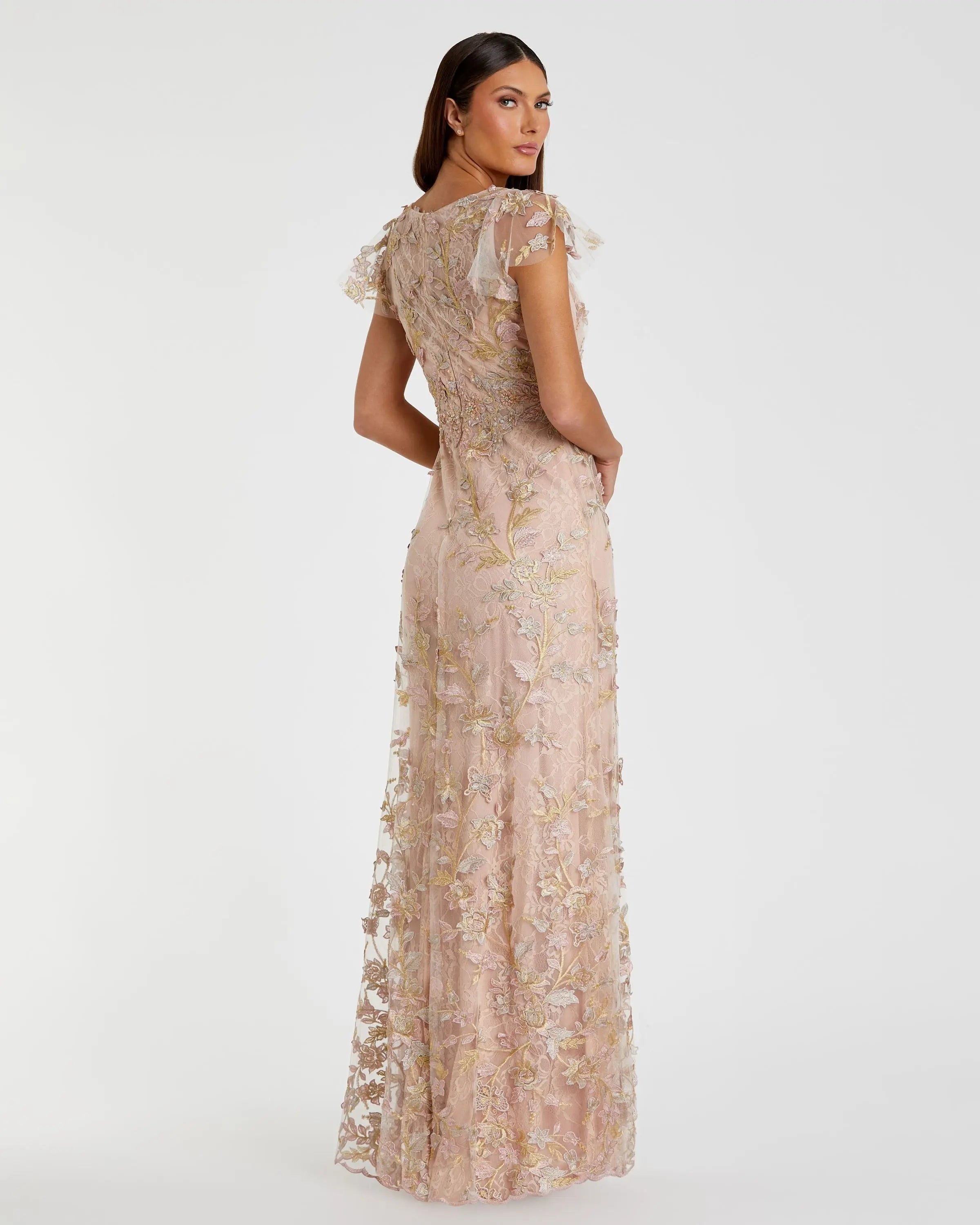 Pink Embroidered Applique Wrap Over Flutter Sleeve Gown-Myartka