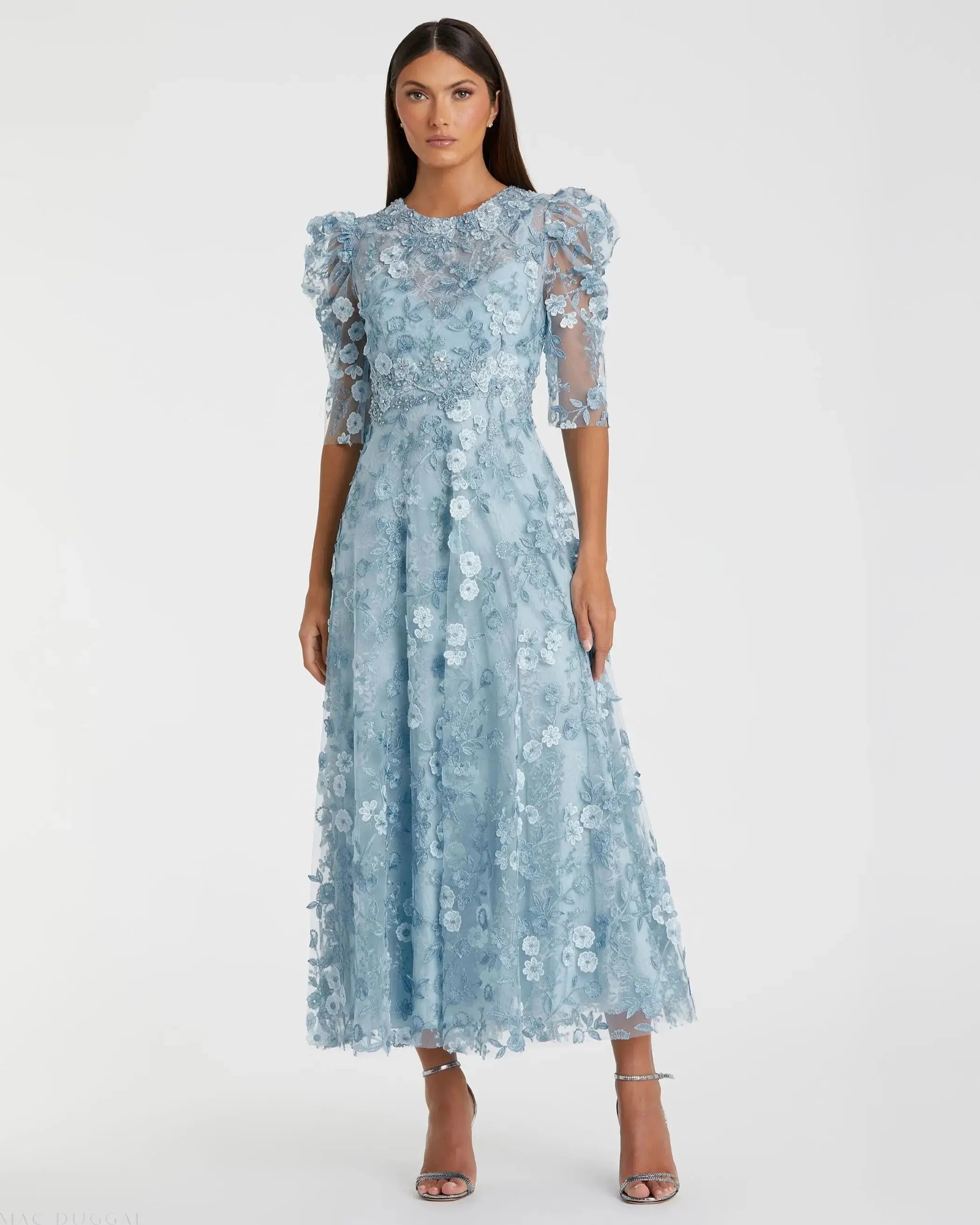 Blue Applique High Neck Puff Sleeve A Line Dress-Myartka