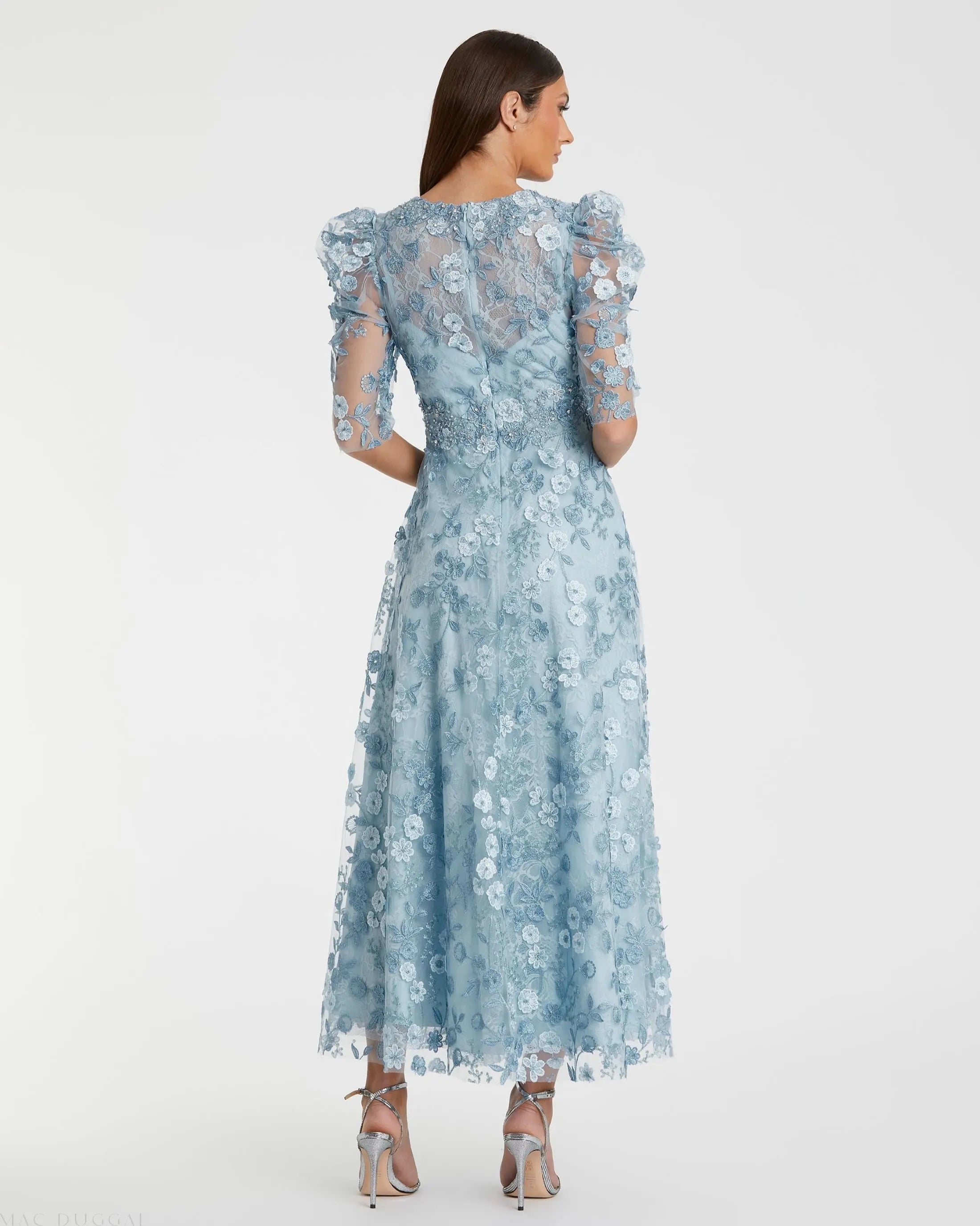 Blue Applique High Neck Puff Sleeve A Line Dress-Myartka