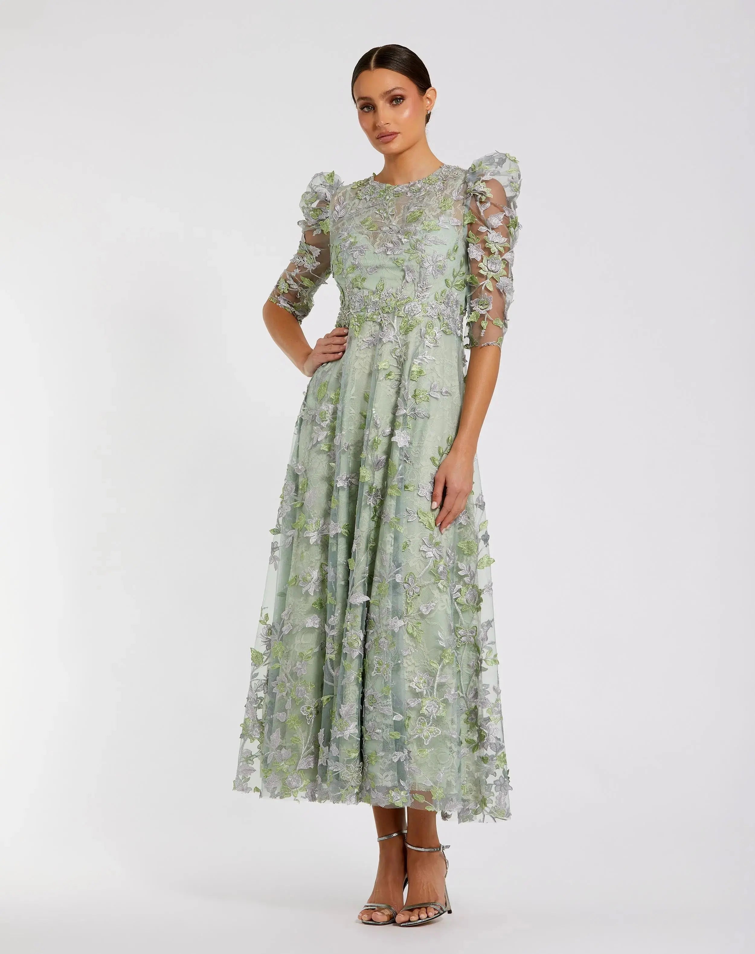 Green Applique High Neck Puff Sleeve A Line Dress-Myartka