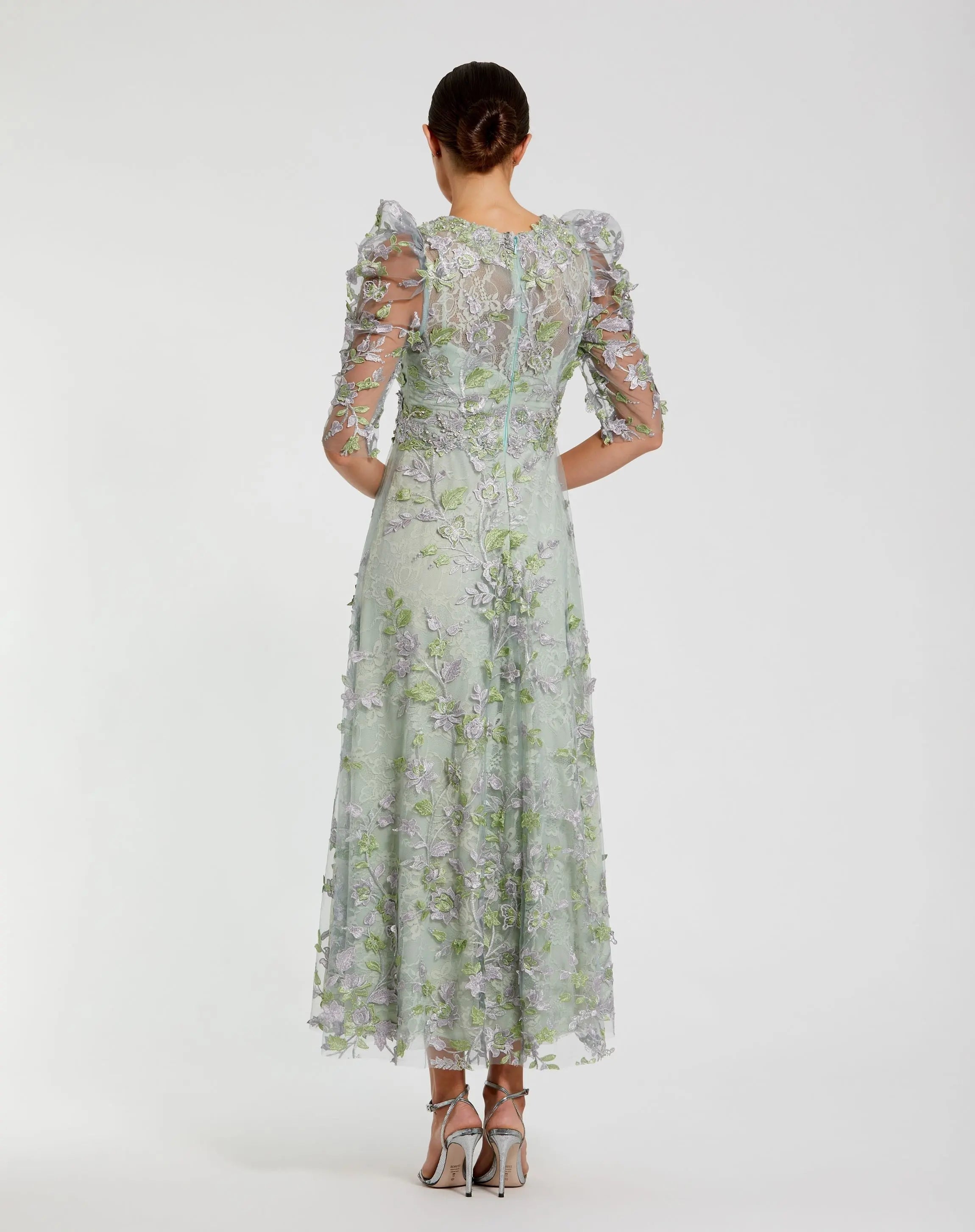 Green Applique High Neck Puff Sleeve A Line Dress-Myartka