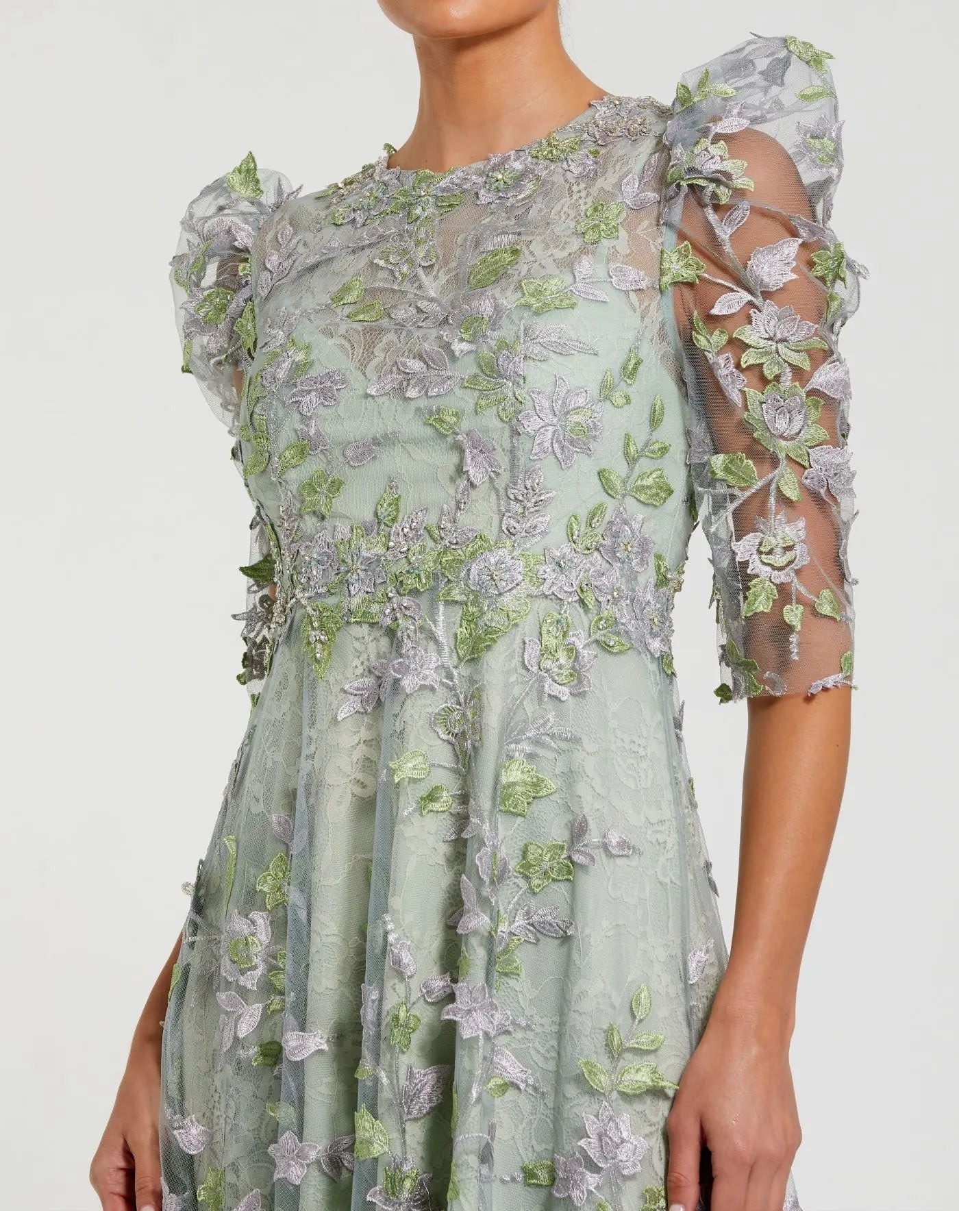 Green Applique High Neck Puff Sleeve A Line Dress-Myartka