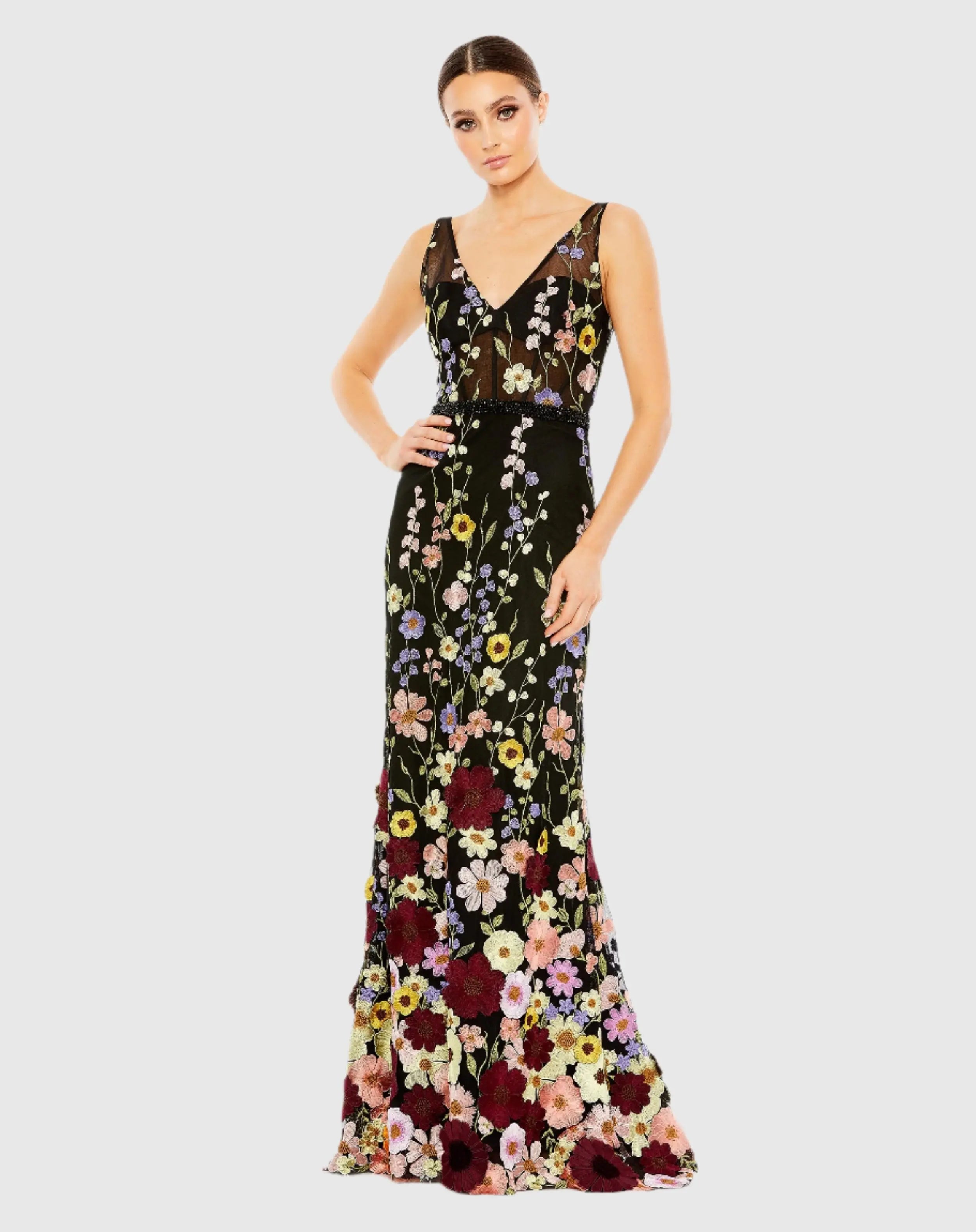 Black Embroidered Tulle Sleeveless V Neck Gown-Myartka