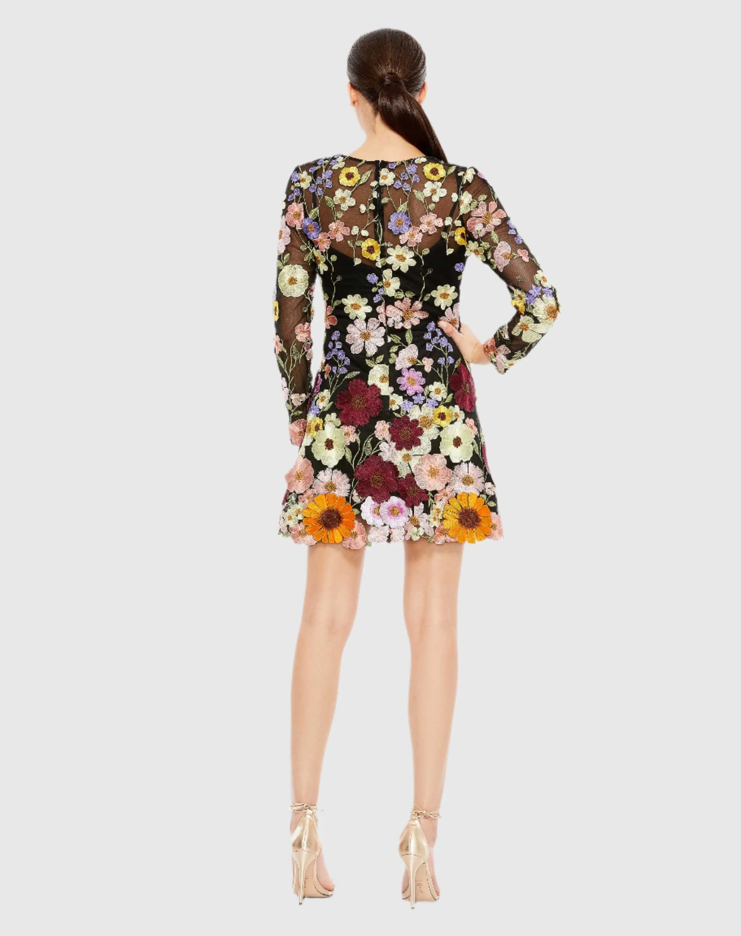 Black Floral Embroidered Long Sleeve Mini Dress - FINAL SALE-Myartka