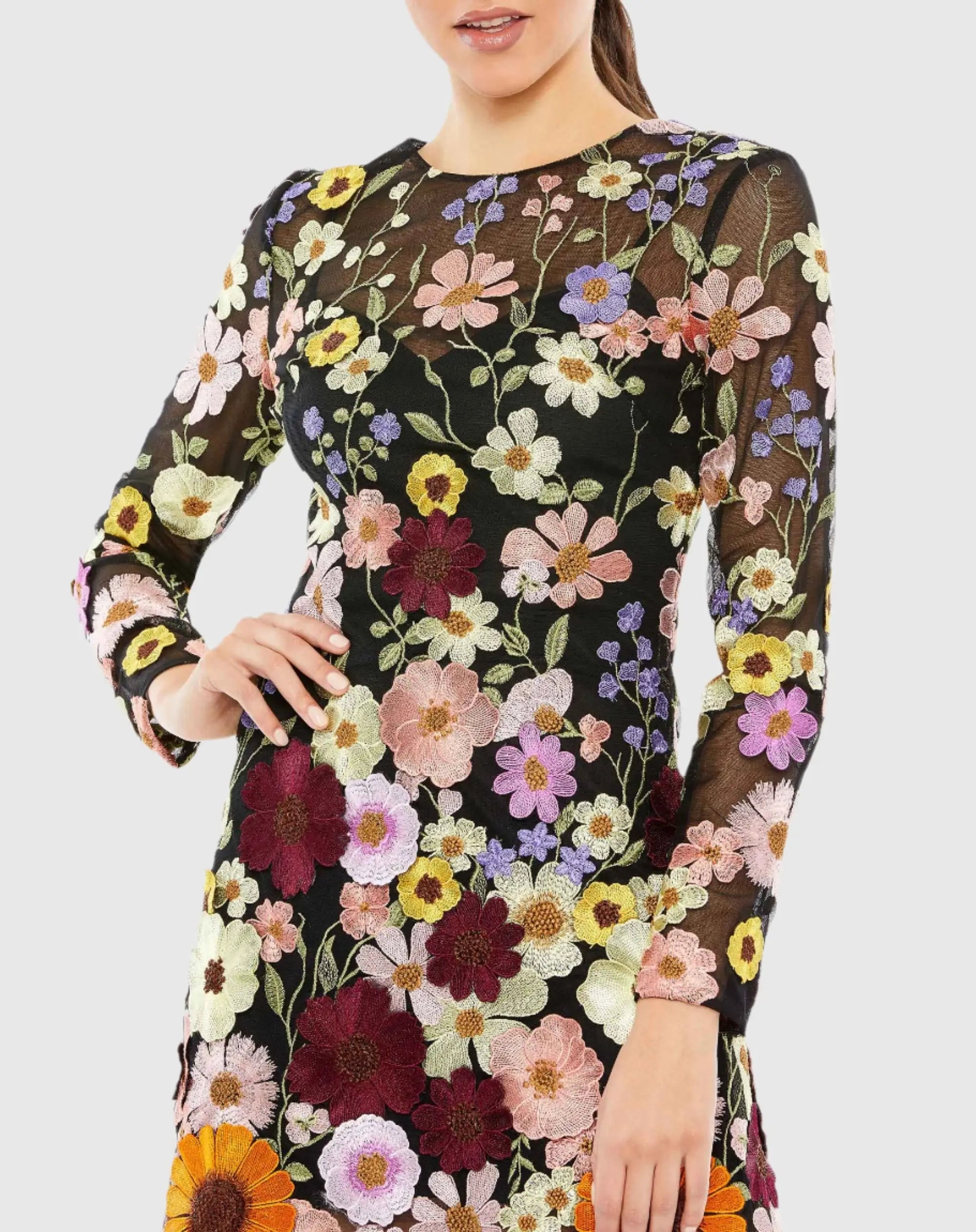 Black Floral Embroidered Long Sleeve Mini Dress - FINAL SALE-Myartka