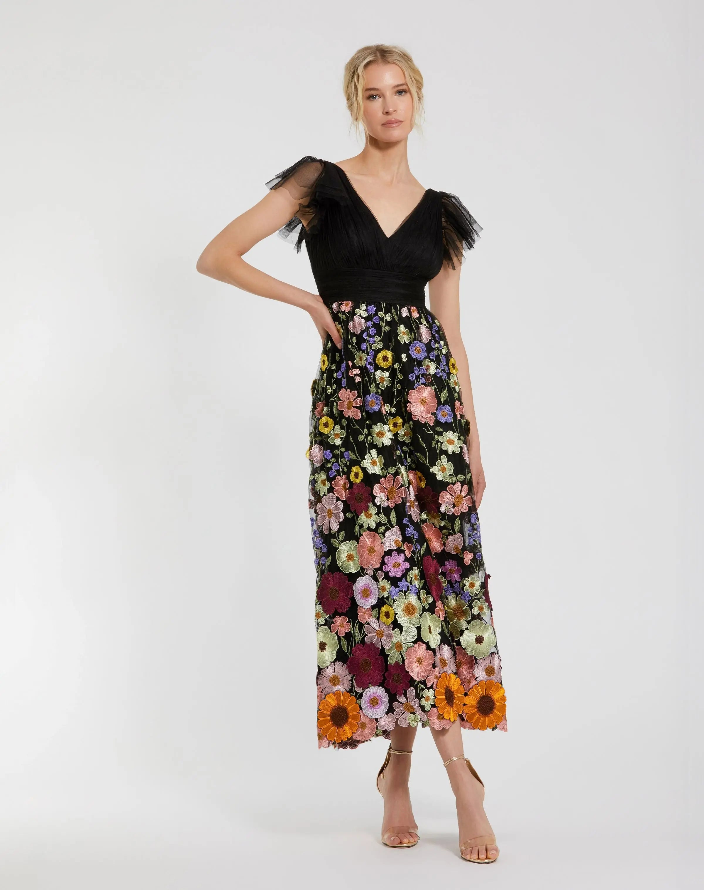 Black Multicolor Embroidered Flutter Sleeve Floral Dress-Myartka