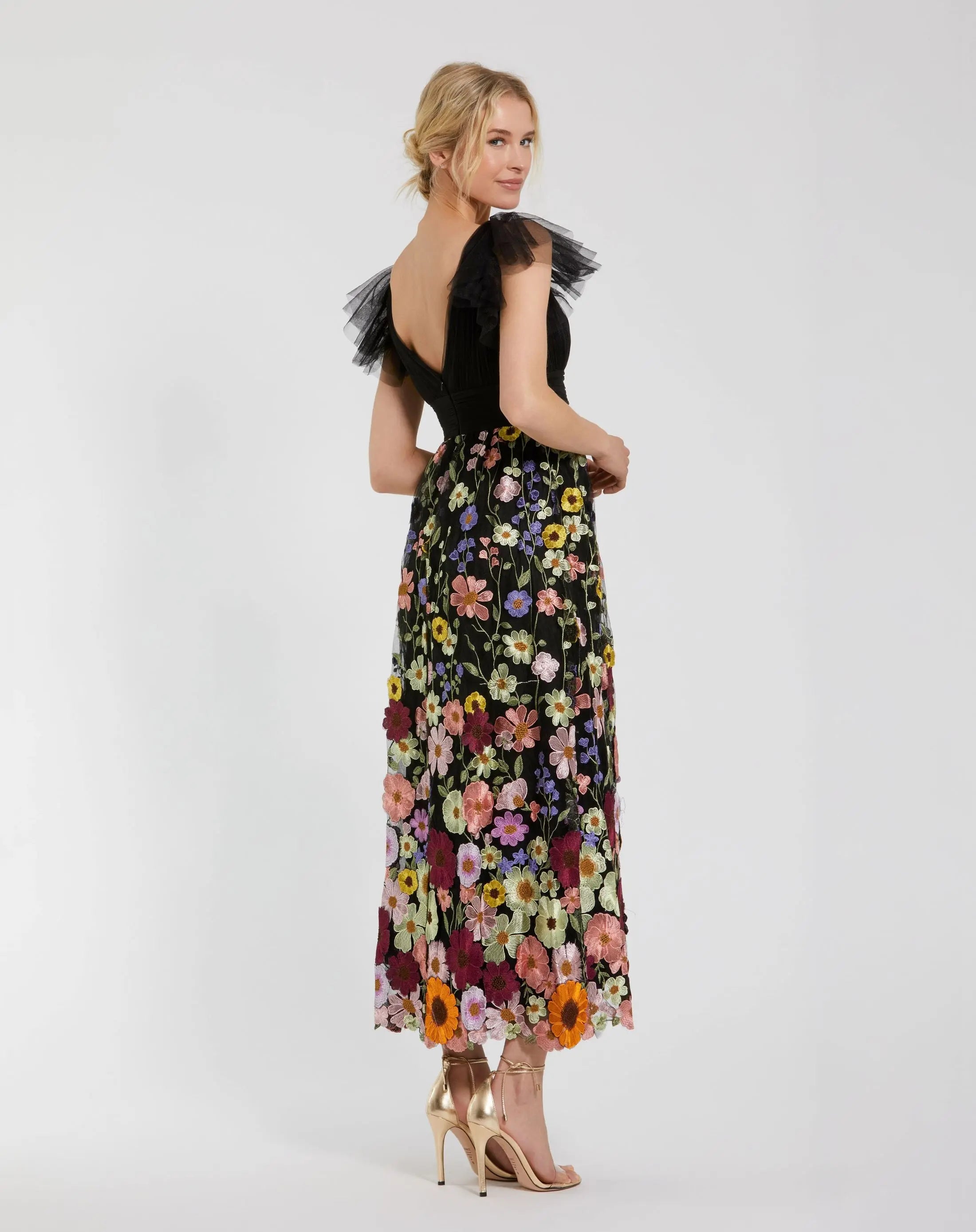Black Multicolor Embroidered Flutter Sleeve Floral Dress-Myartka
