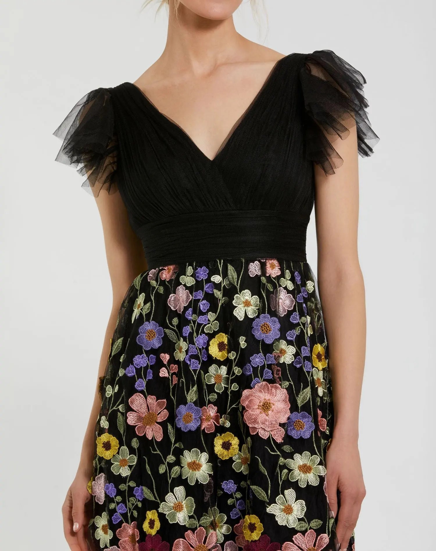 Black Multicolor Embroidered Flutter Sleeve Floral Dress-Myartka