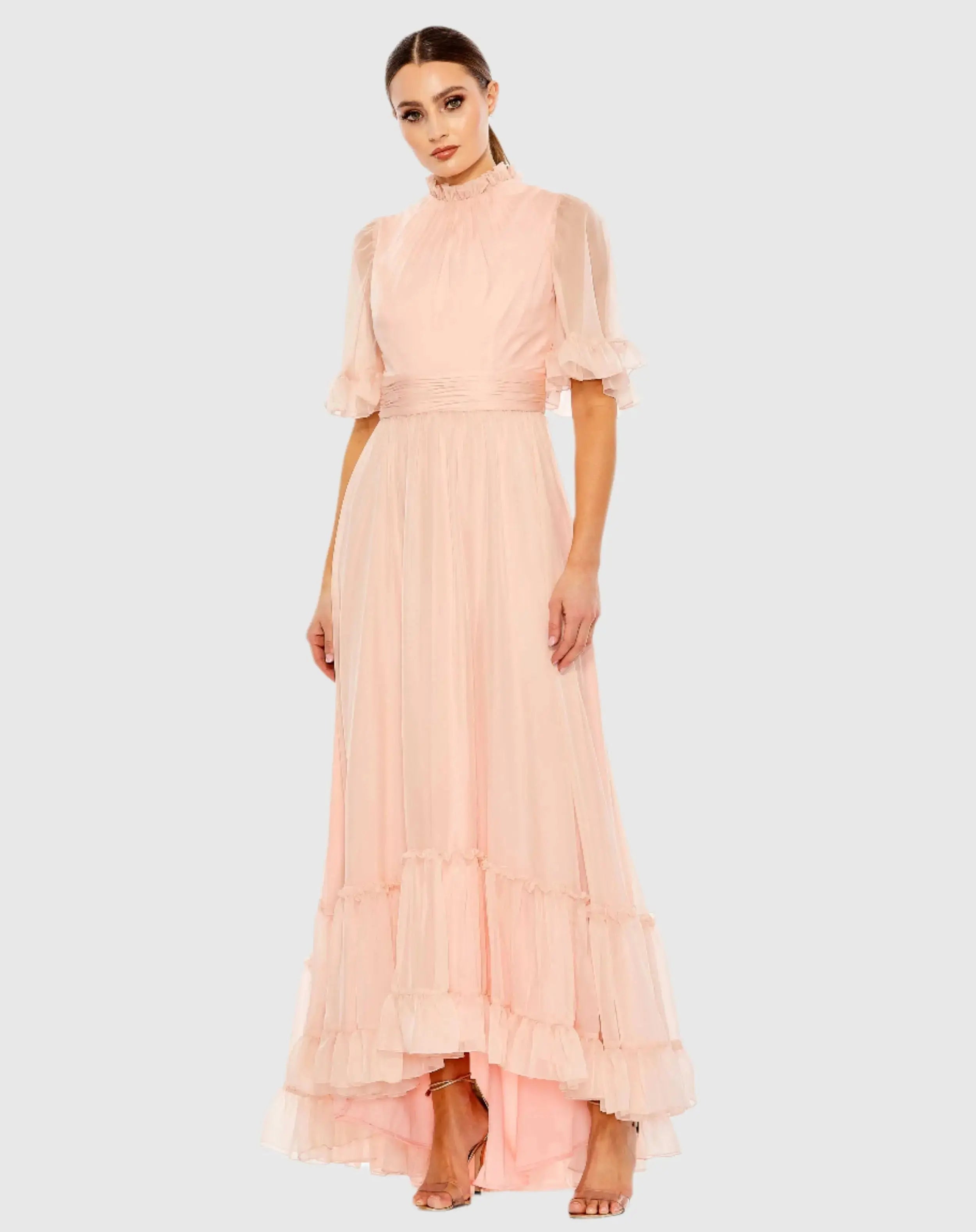 Pink Ruffled Mock Neck Flutter Sleeve High Low Hem Gown-Myartka