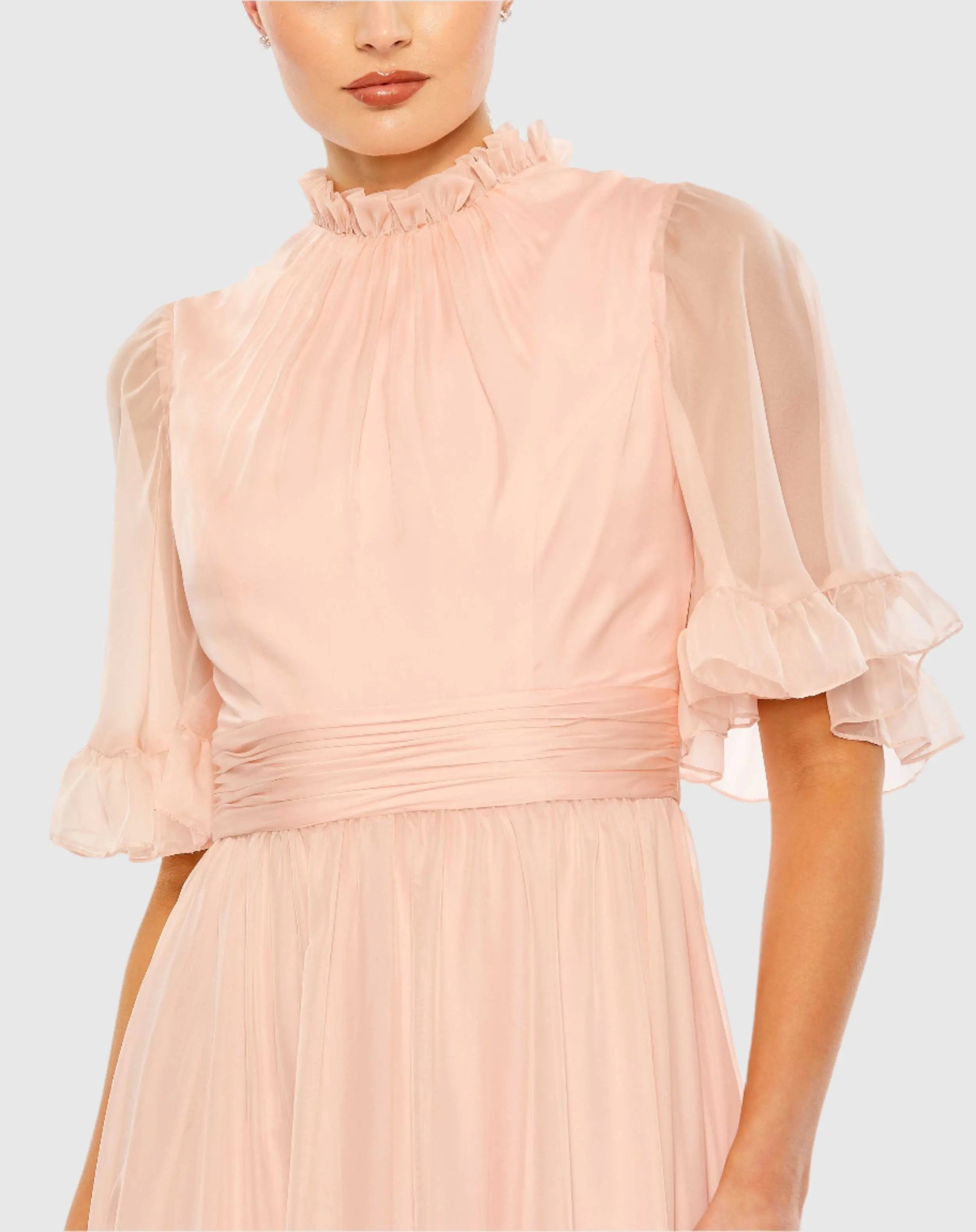 Pink Ruffled Mock Neck Flutter Sleeve High Low Hem Gown-Myartka