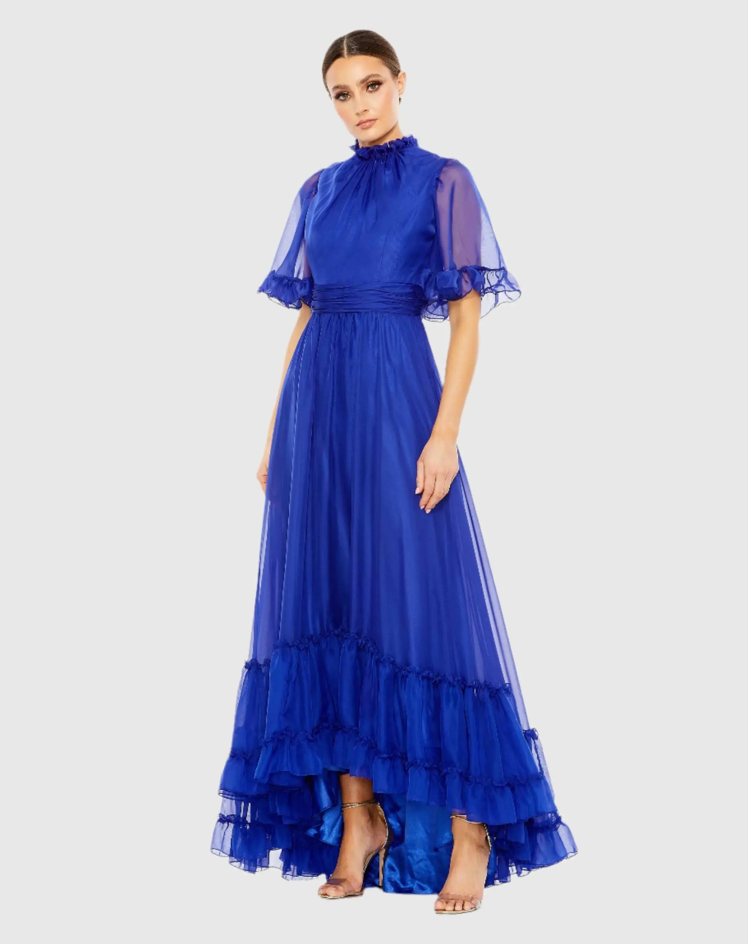 Blue Ruffled Mock Neck Flutter Sleeve High Low Hem Gown-Myartka