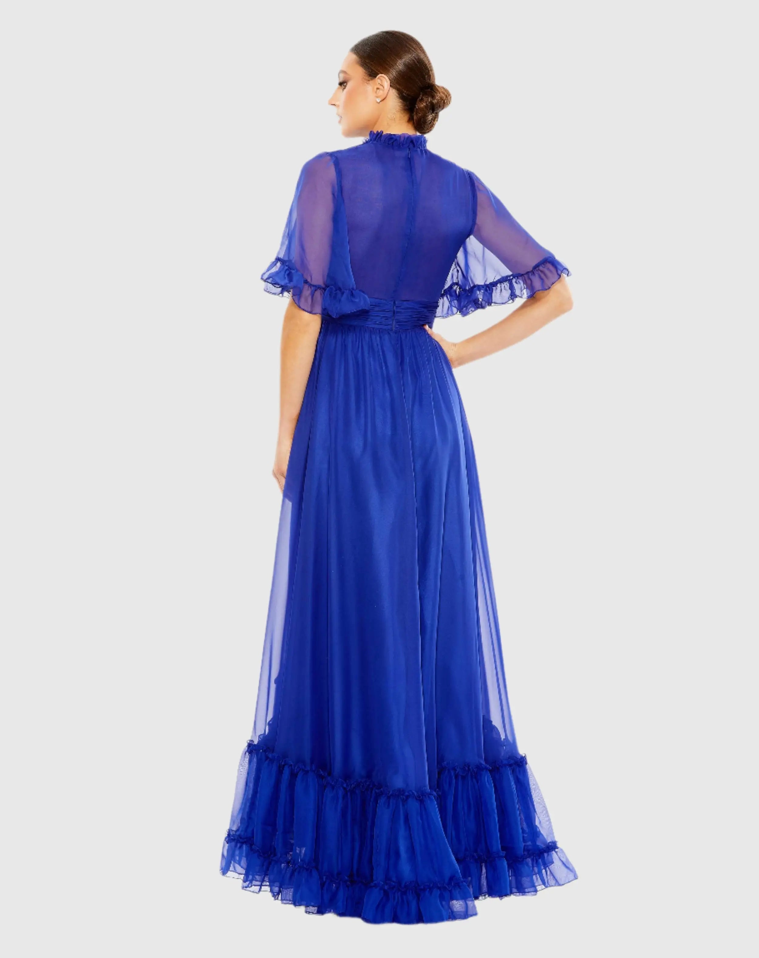 Blue Ruffled Mock Neck Flutter Sleeve High Low Hem Gown-Myartka