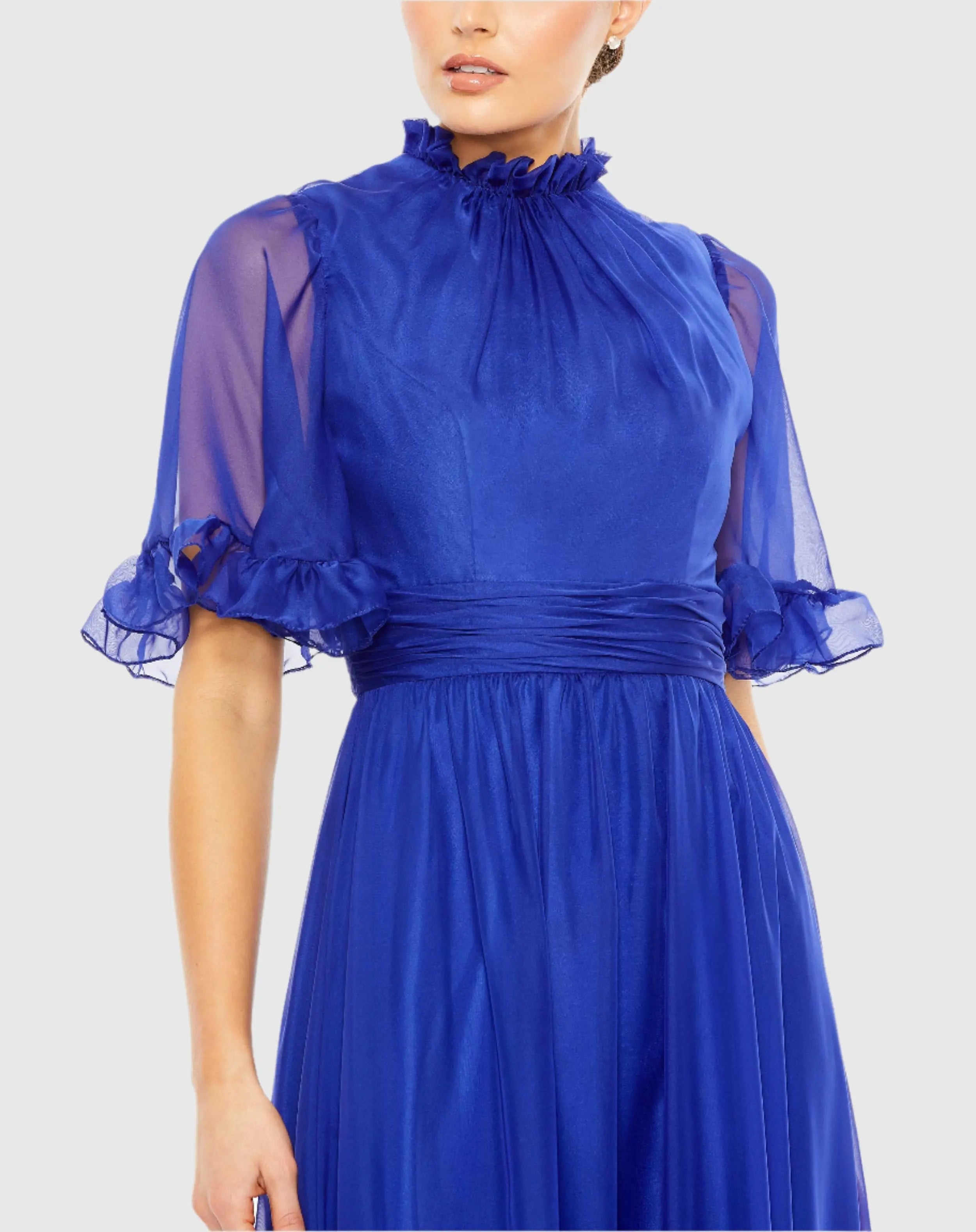 Blue Ruffled Mock Neck Flutter Sleeve High Low Hem Gown-Myartka