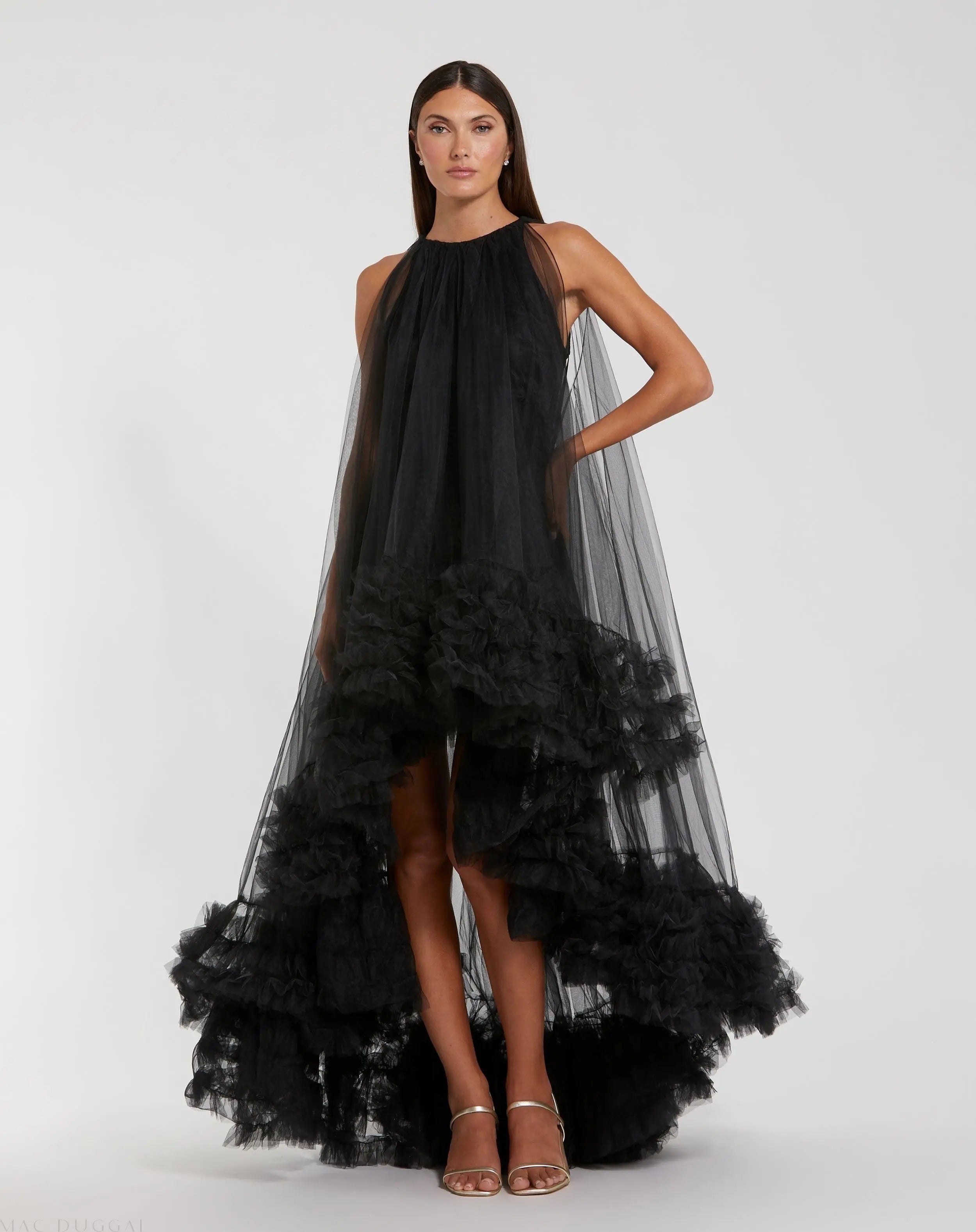 Black Tulle High Neck Sleeveless Ruffled Hem Hi-Low Gown-Myartka