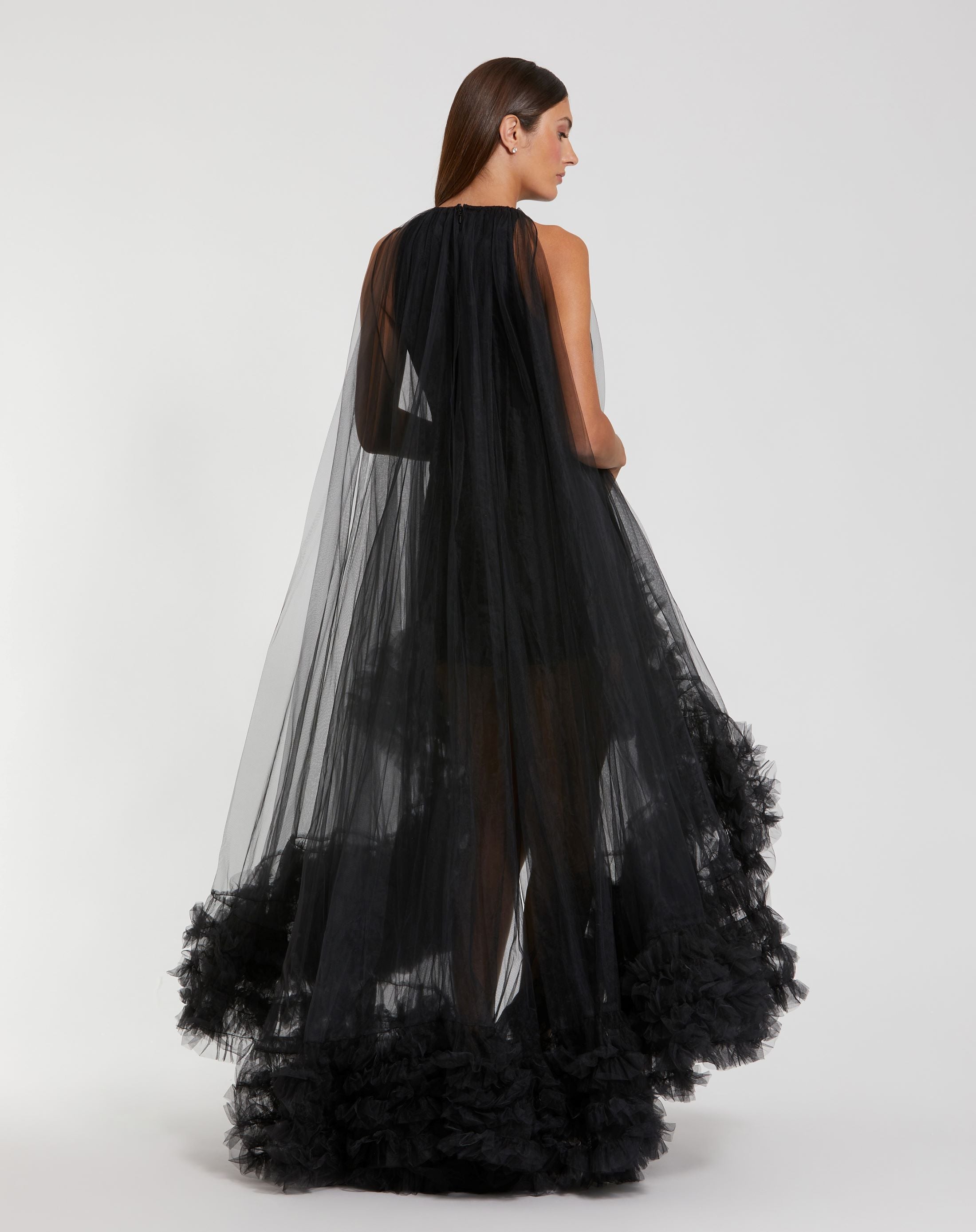 Black Tulle High Neck Sleeveless Ruffled Hem Hi-Low Gown-Myartka