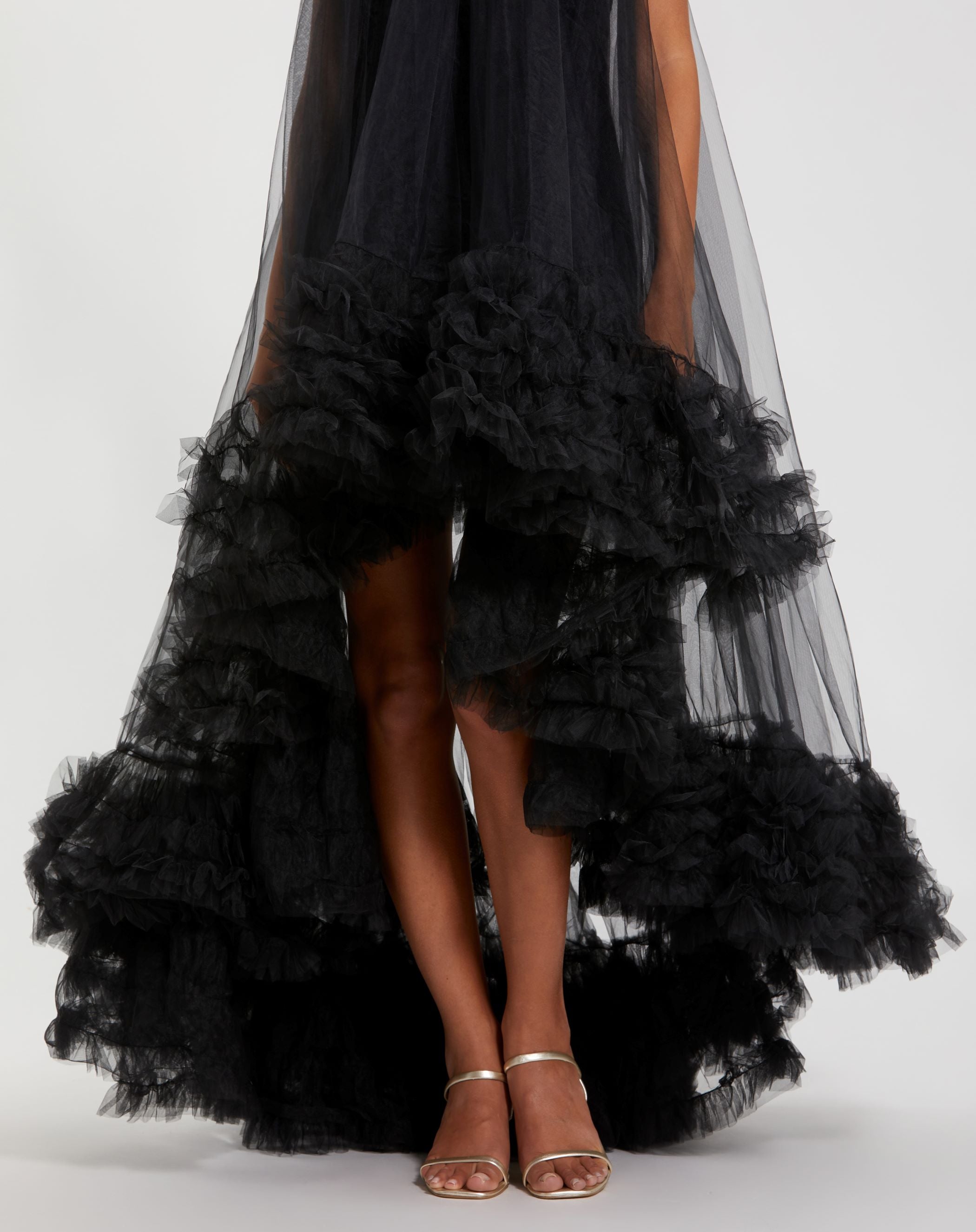 Black Tulle High Neck Sleeveless Ruffled Hem Hi-Low Gown-Myartka