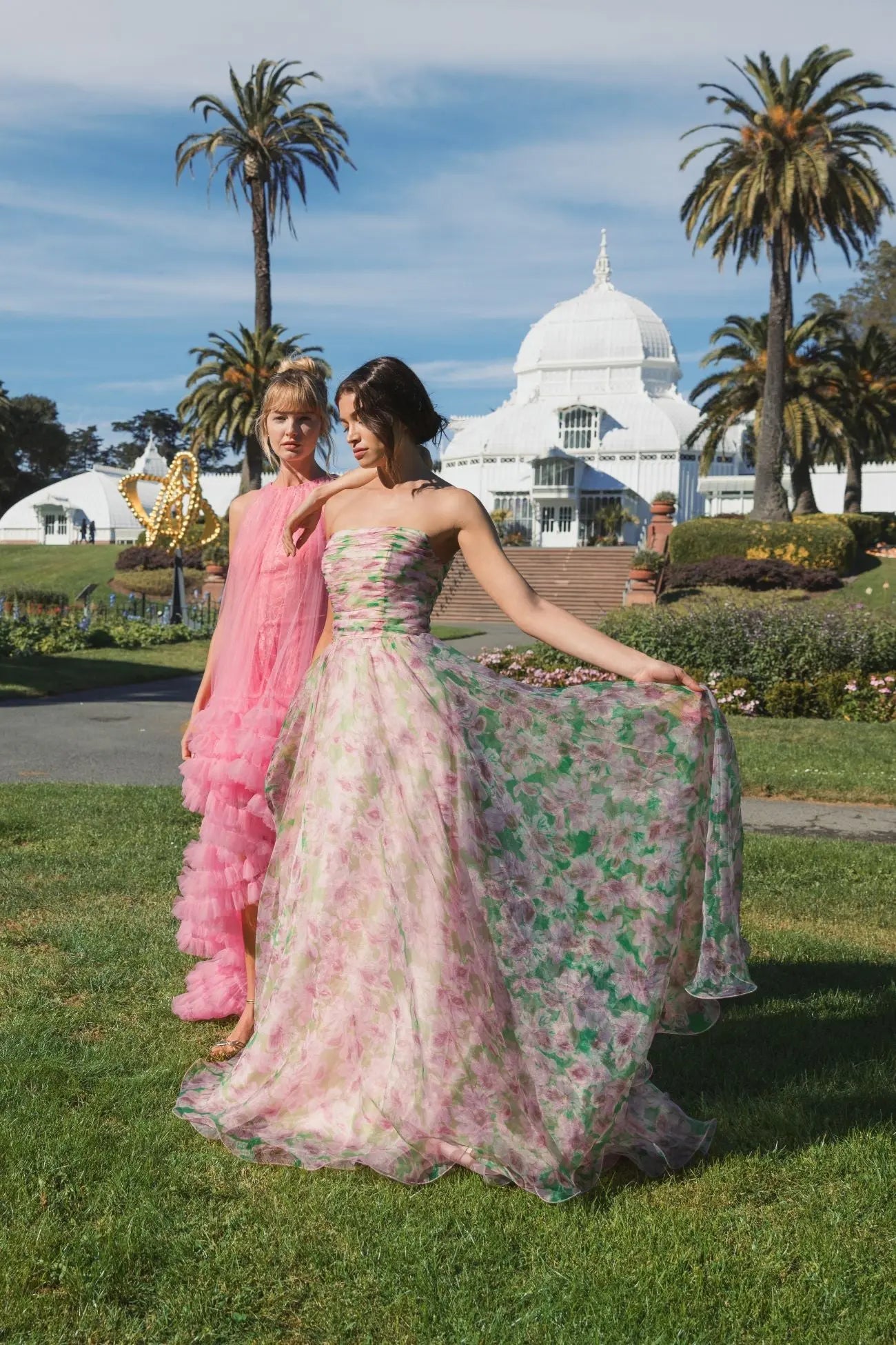 Pink Strapless Floral Chiffon Gown with Ruched Detail-Myartka