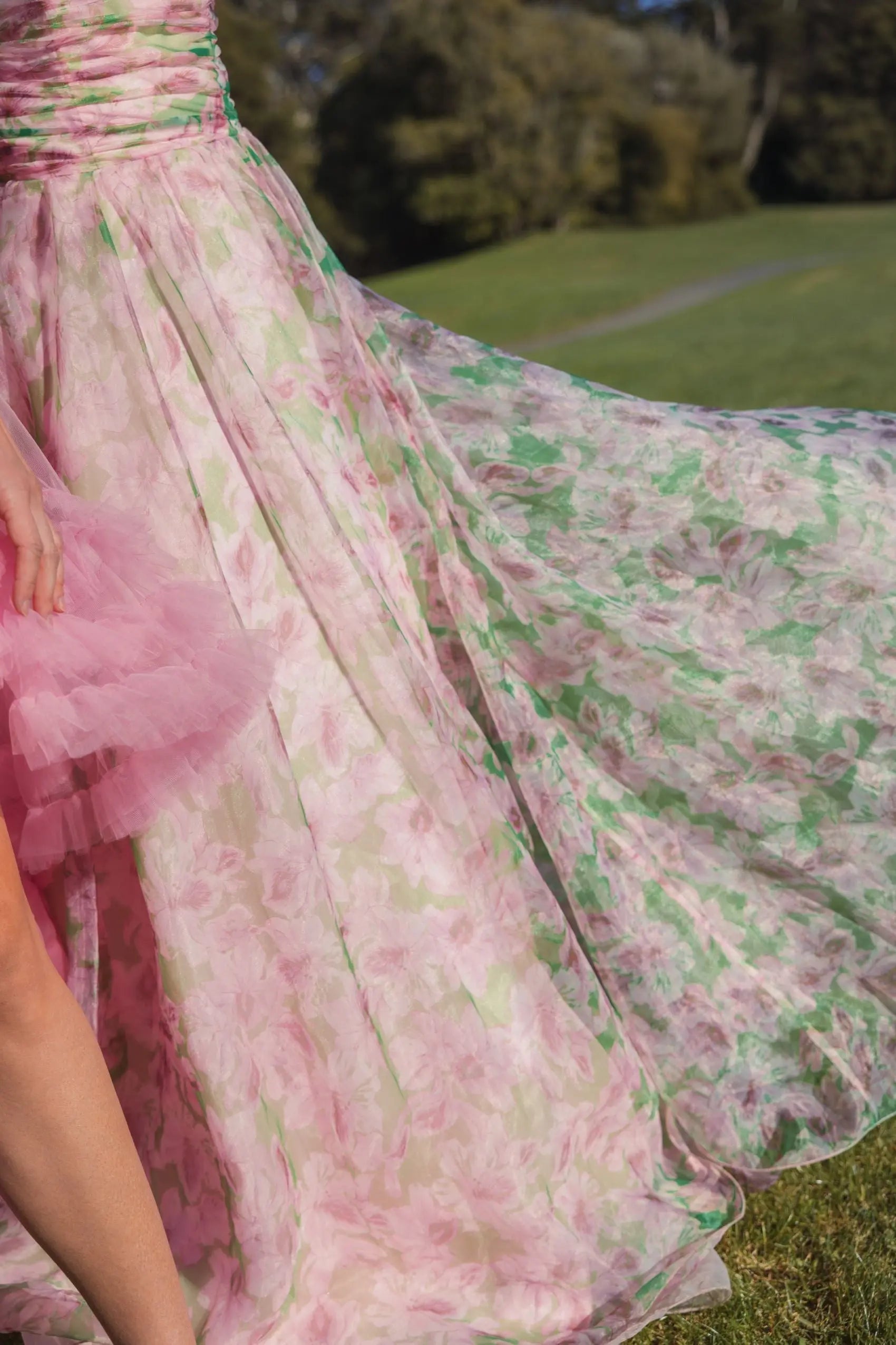 Pink Strapless Floral Chiffon Gown with Ruched Detail-Myartka