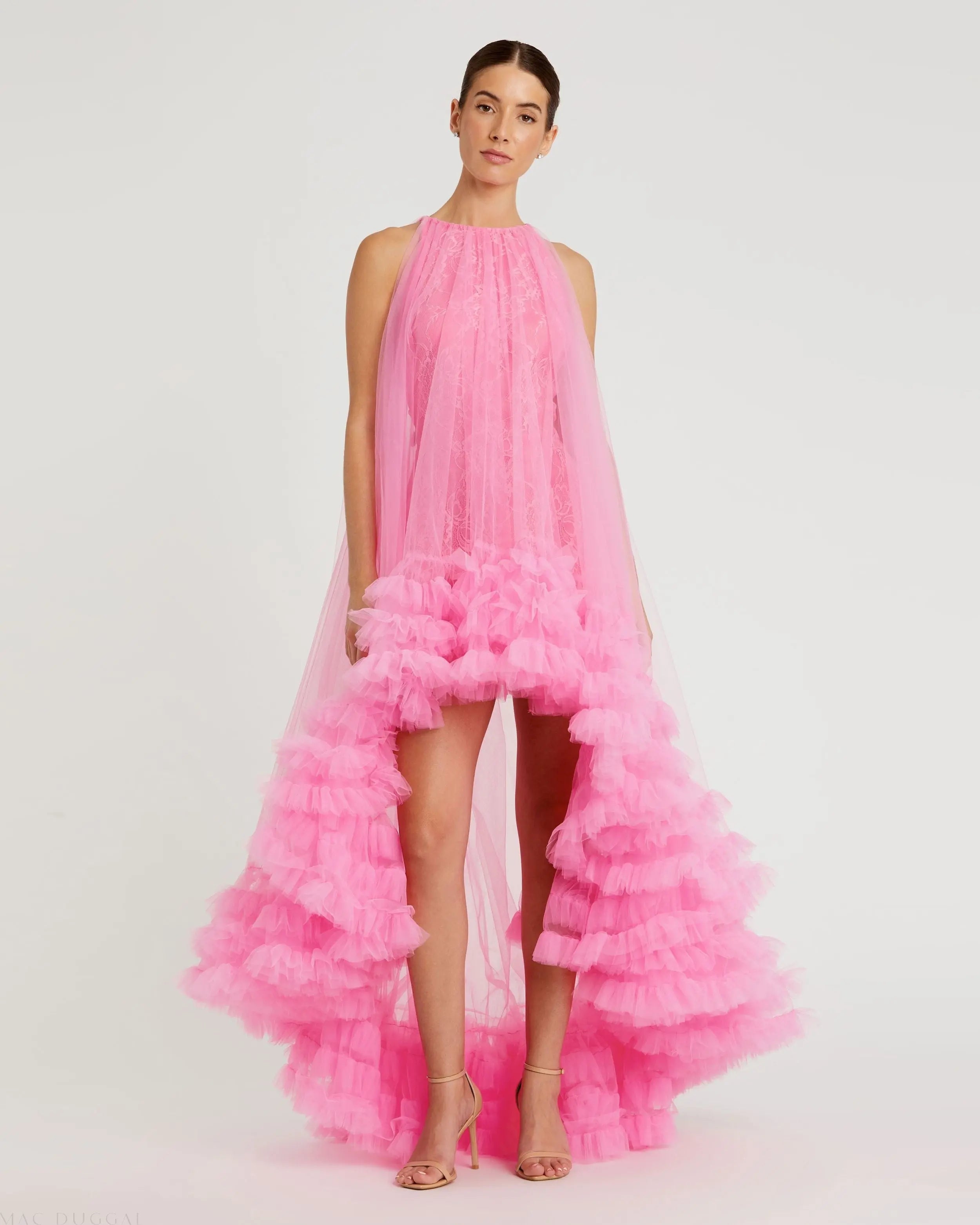 Pink Tulle High Neck Sleeveless Ruffled Hem Hi-Low Gown-Myartka