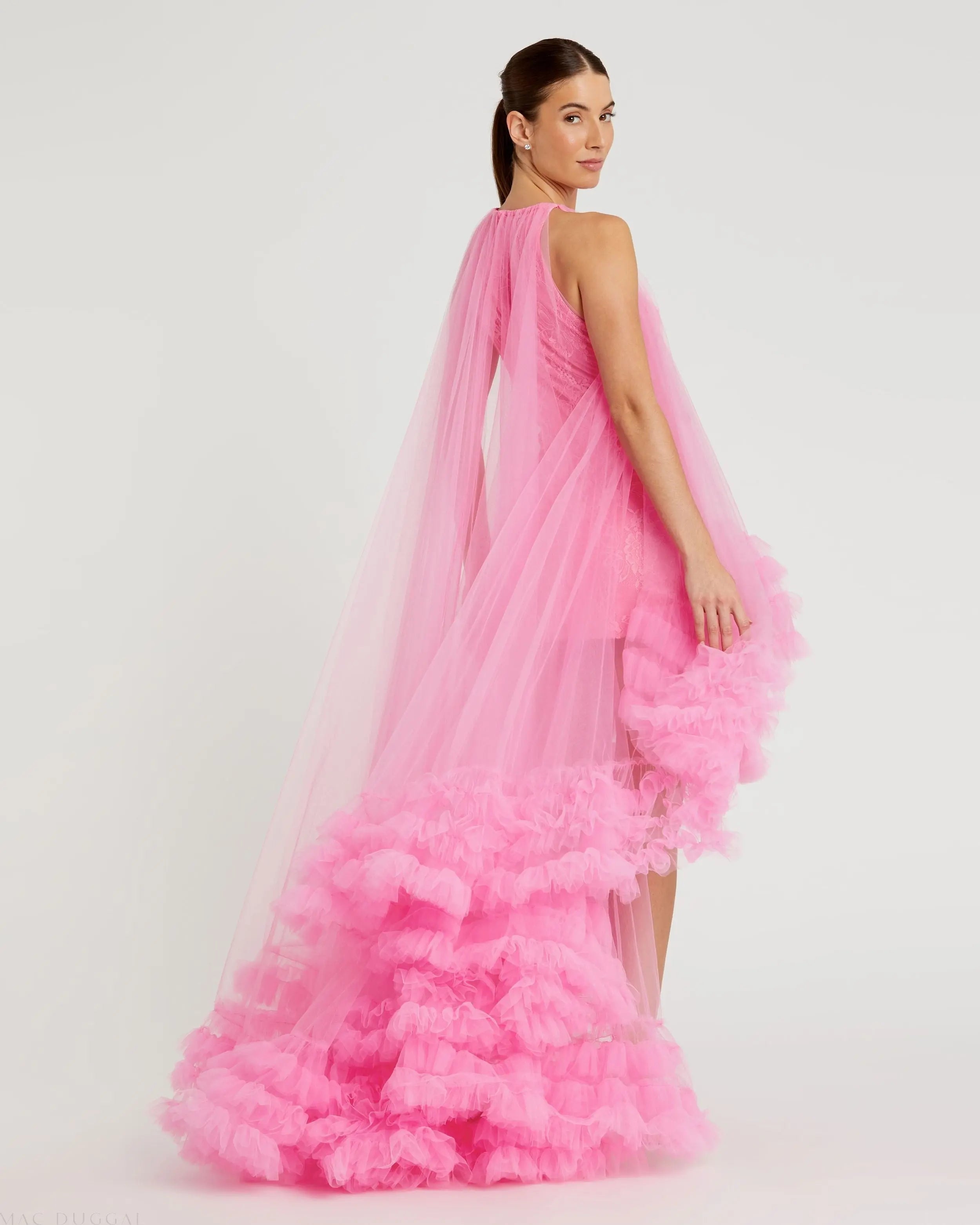 Pink Tulle High Neck Sleeveless Ruffled Hem Hi-Low Gown-Myartka