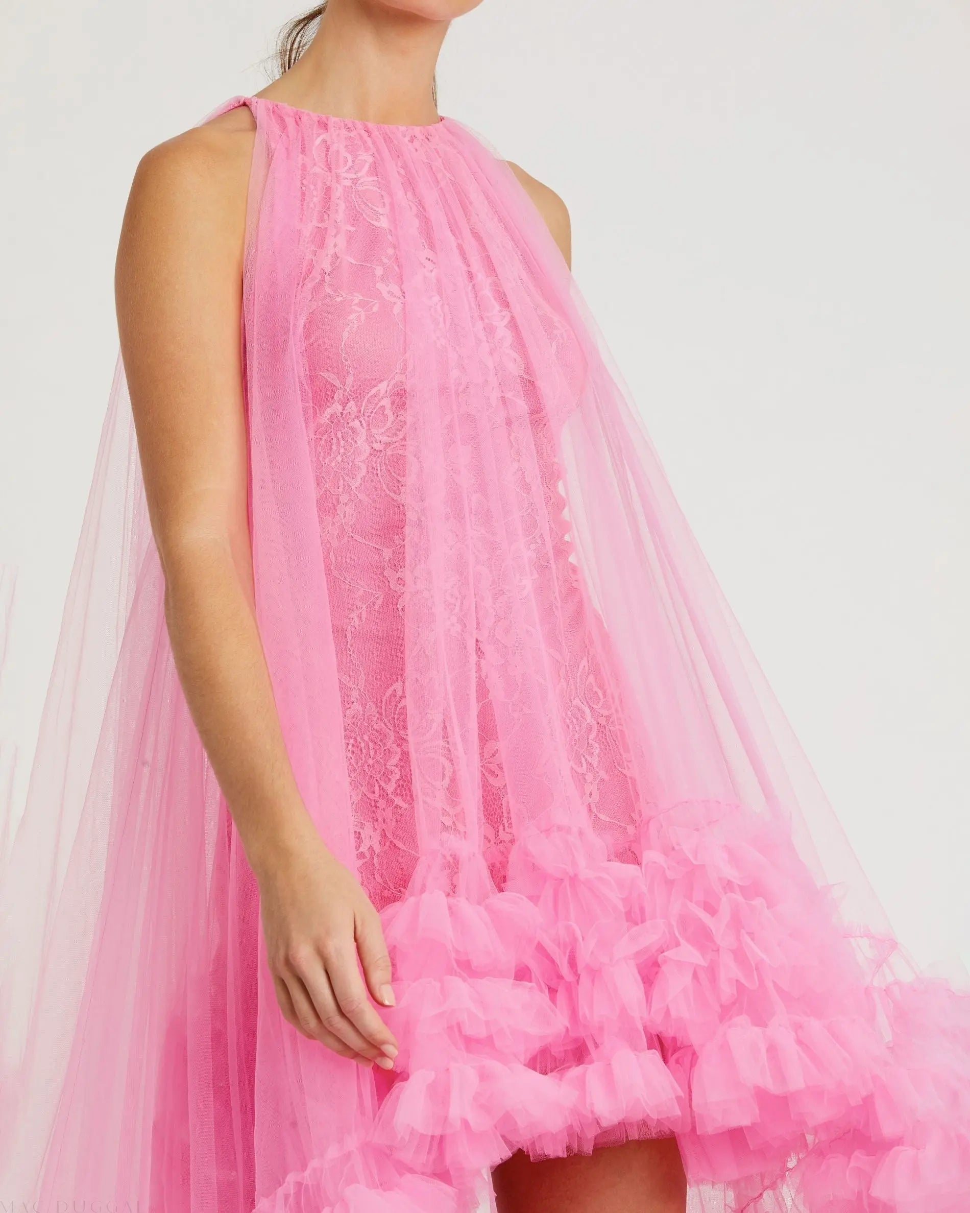 Pink Tulle High Neck Sleeveless Ruffled Hem Hi-Low Gown-Myartka