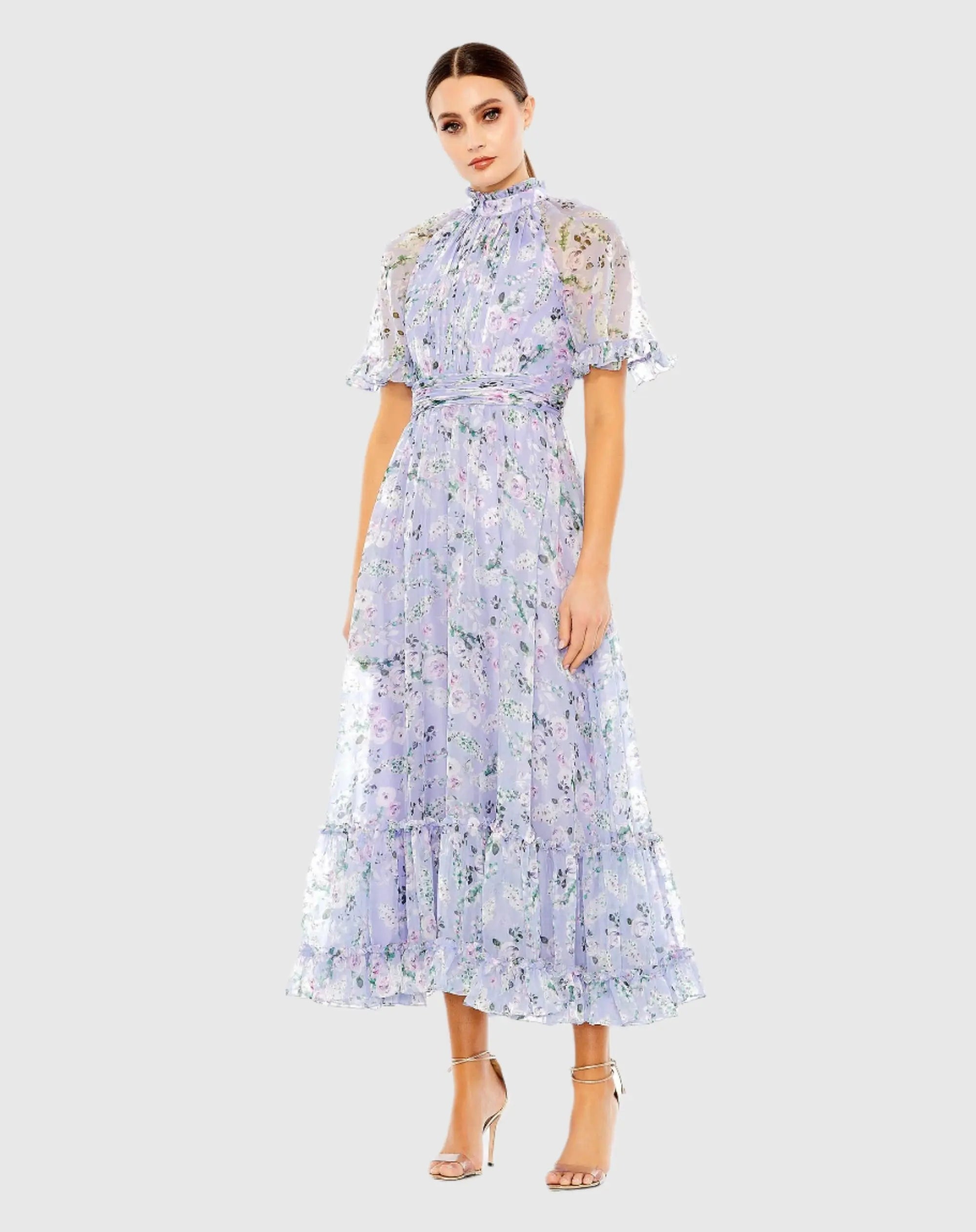 Purple Floral Print High Neck Raglan Sleeve Dress-Myartka