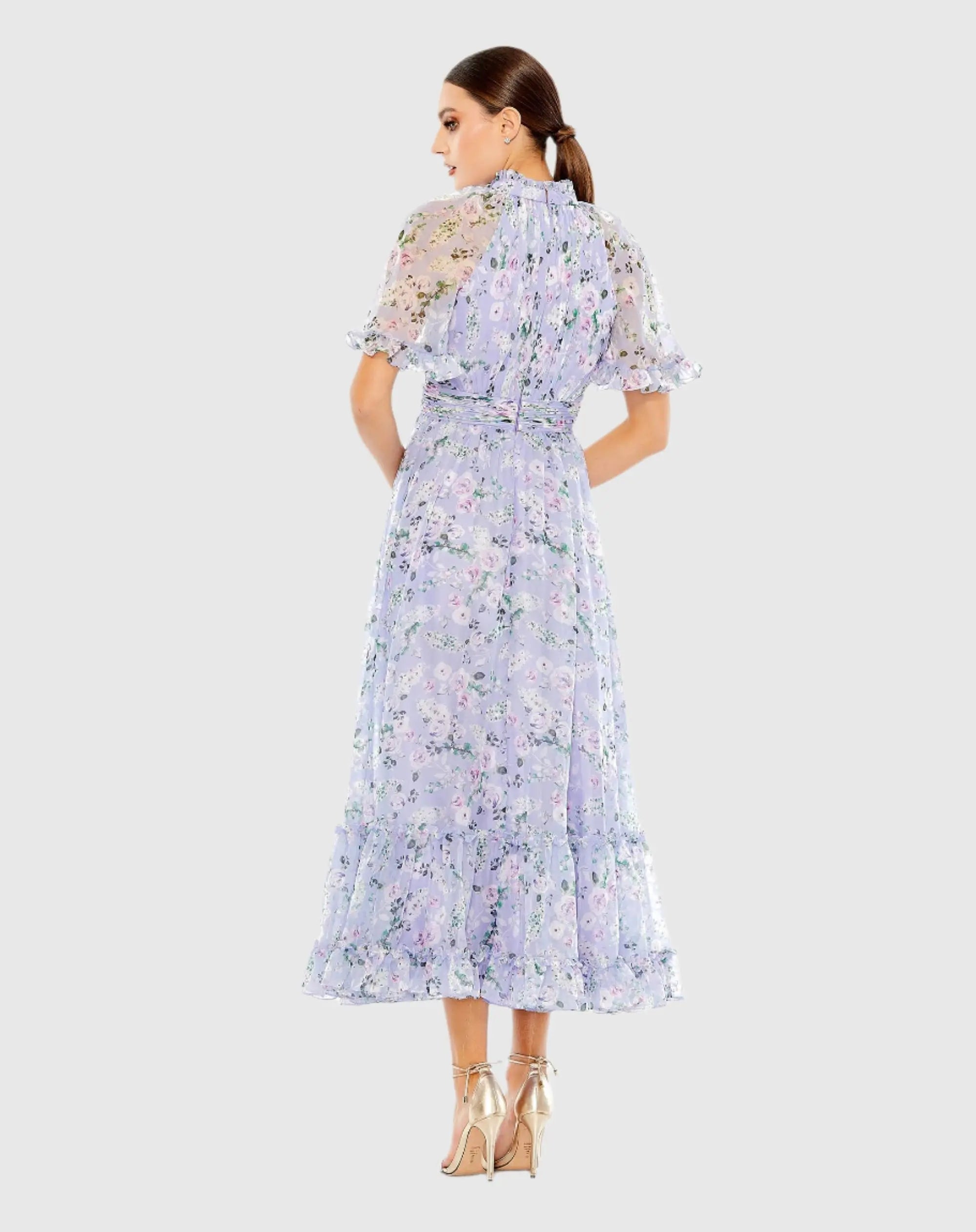 Purple Floral Print High Neck Raglan Sleeve Dress-Myartka
