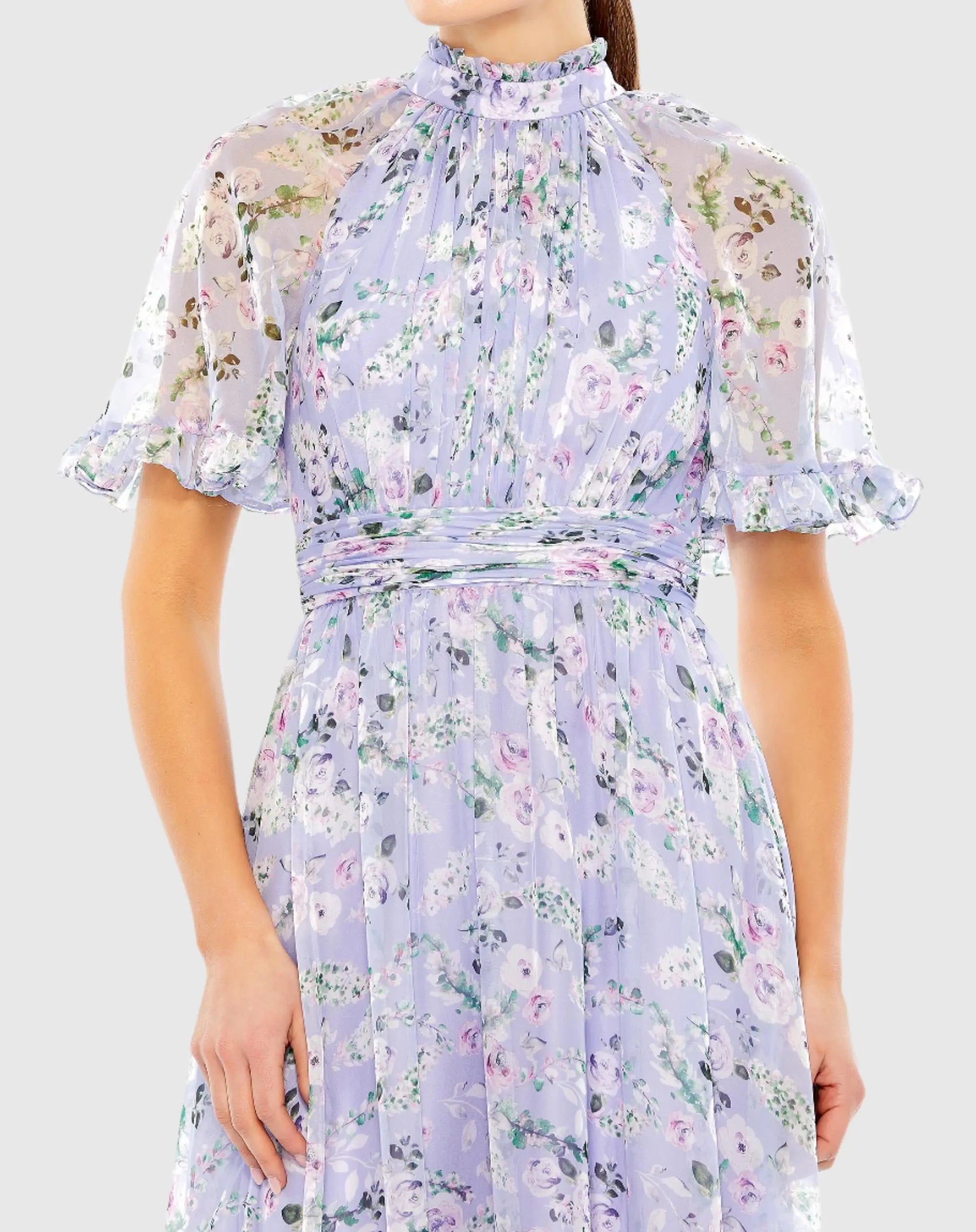 Purple Floral Print High Neck Raglan Sleeve Dress-Myartka