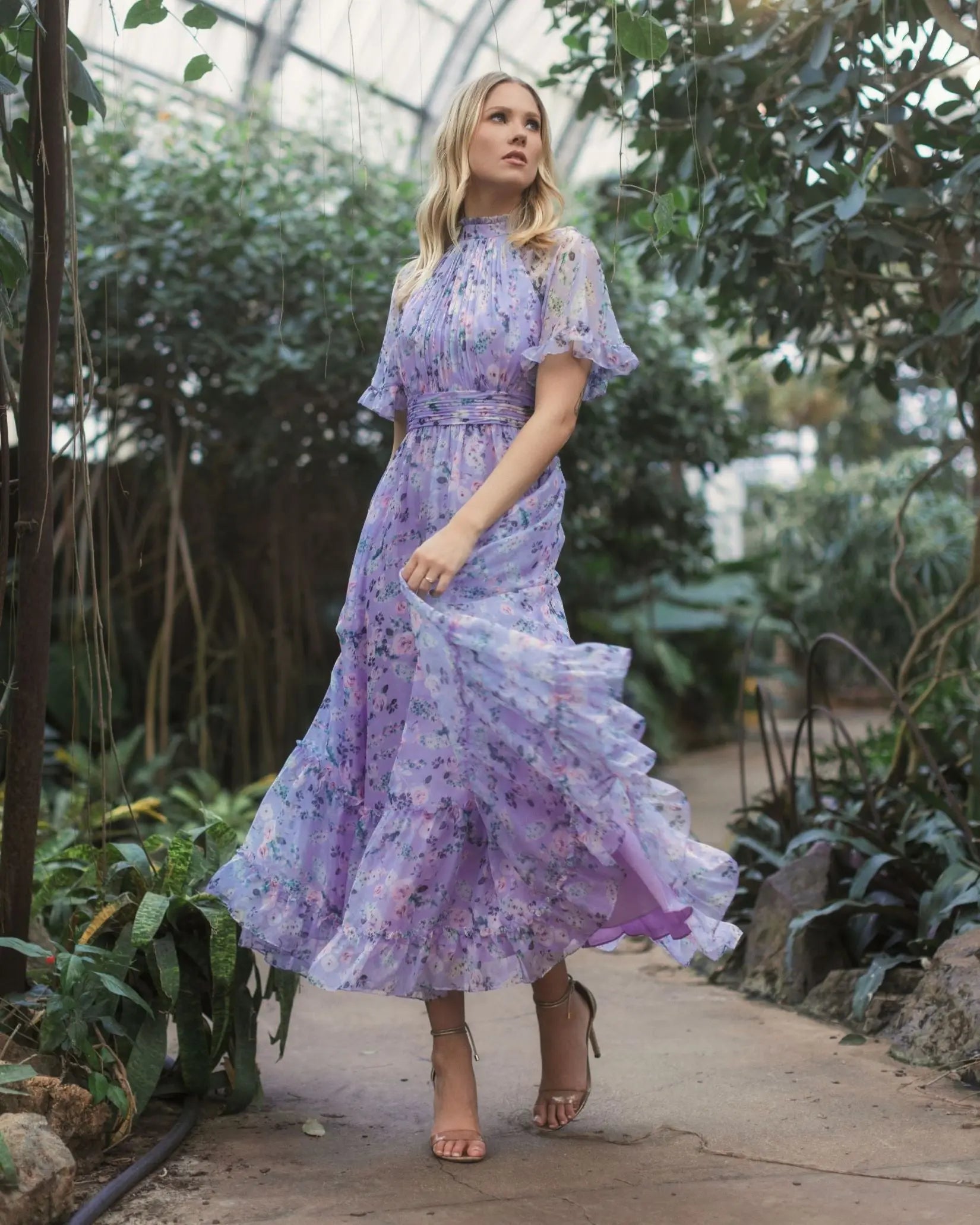 Purple Floral Print High Neck Raglan Sleeve Dress-Myartka