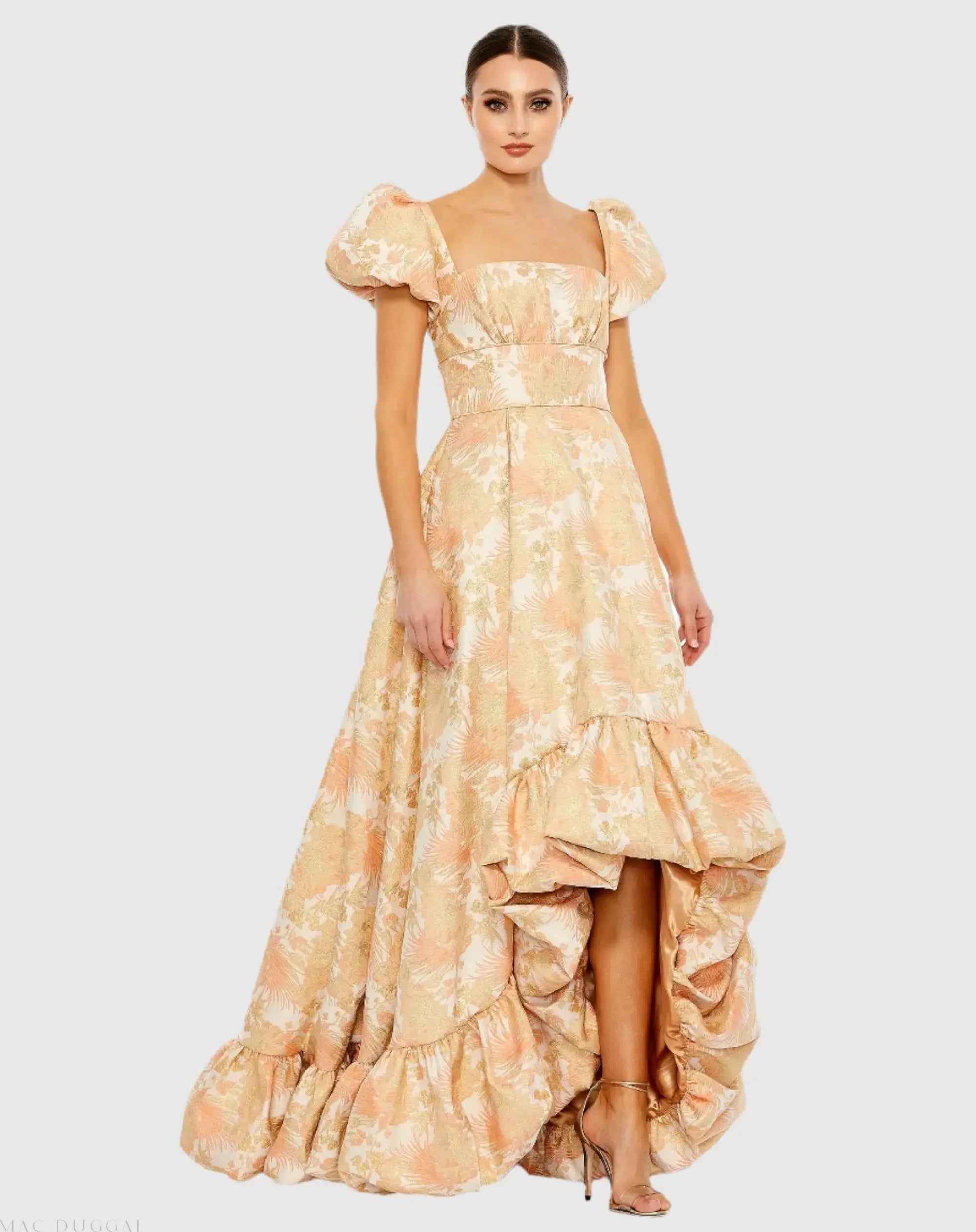 Floral Print Puff Sleeve High Low Brocade Gown-Myartka