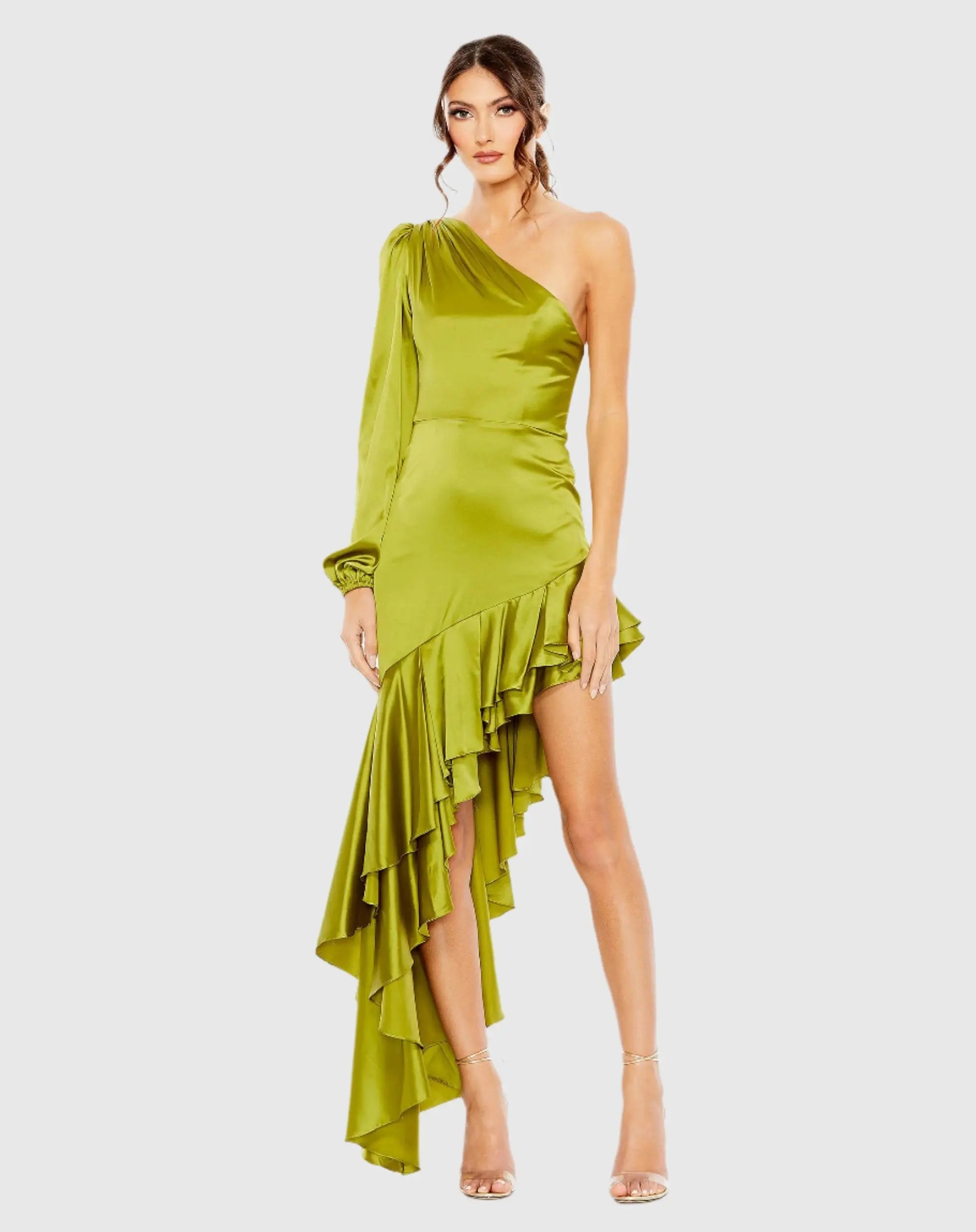 Green Charmeuse One Sleeve Ruffled Asymmetrical Gown - FINAL SALE-Myartka