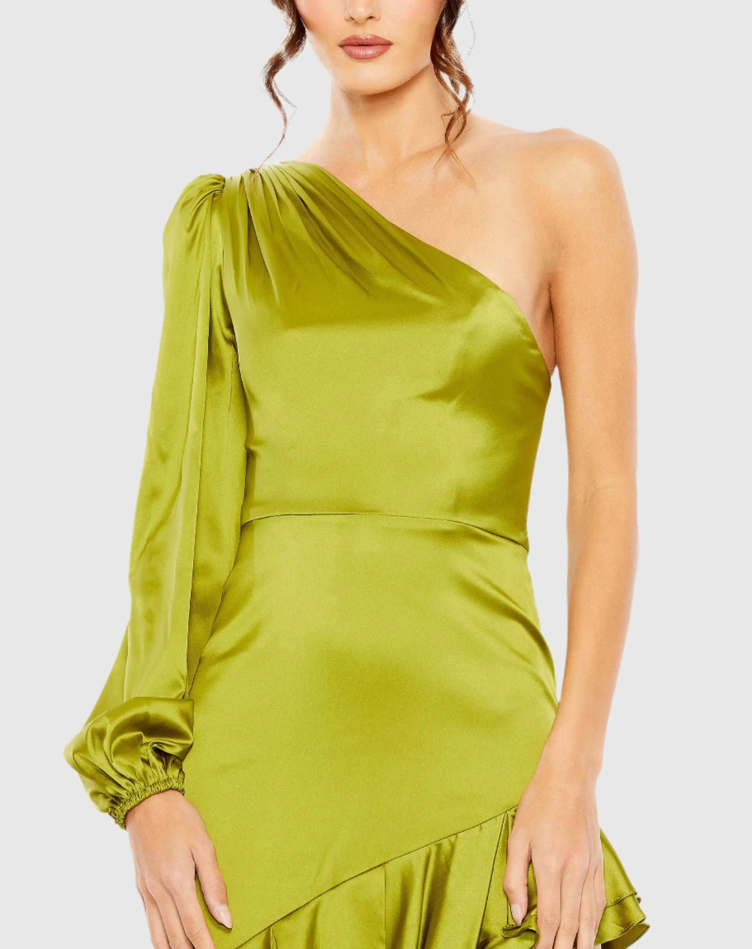 Green Charmeuse One Sleeve Ruffled Asymmetrical Gown - FINAL SALE-Myartka
