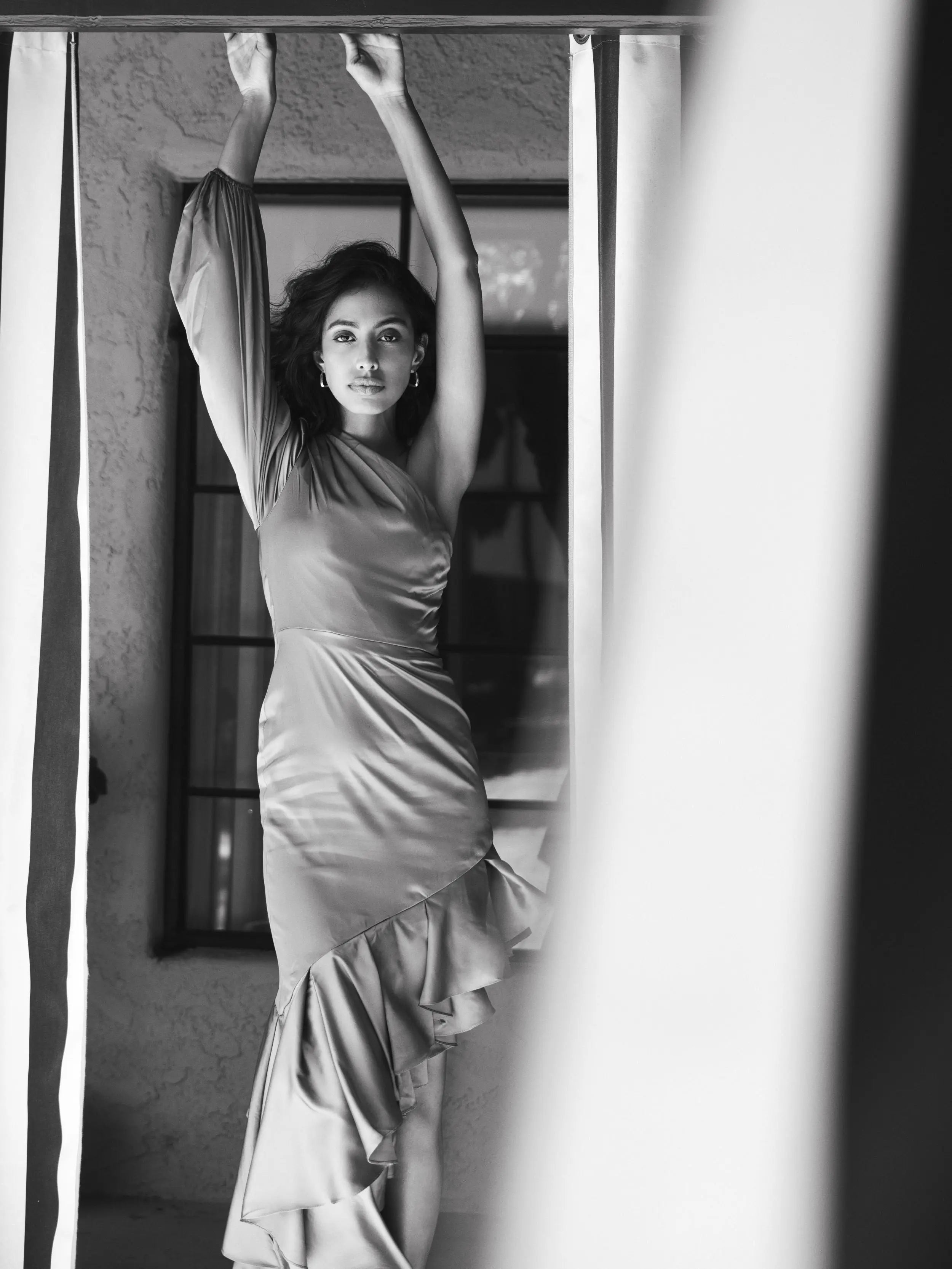 Green Charmeuse One Sleeve Ruffled Asymmetrical Gown - FINAL SALE-Myartka