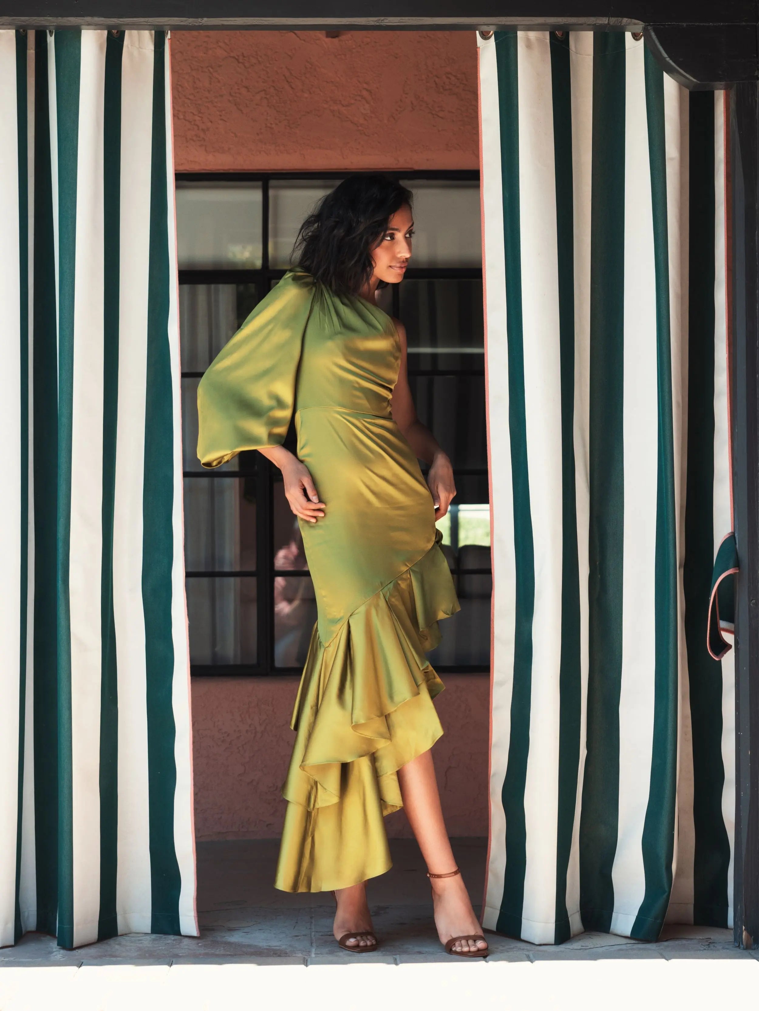 Green Charmeuse One Sleeve Ruffled Asymmetrical Gown - FINAL SALE-Myartka