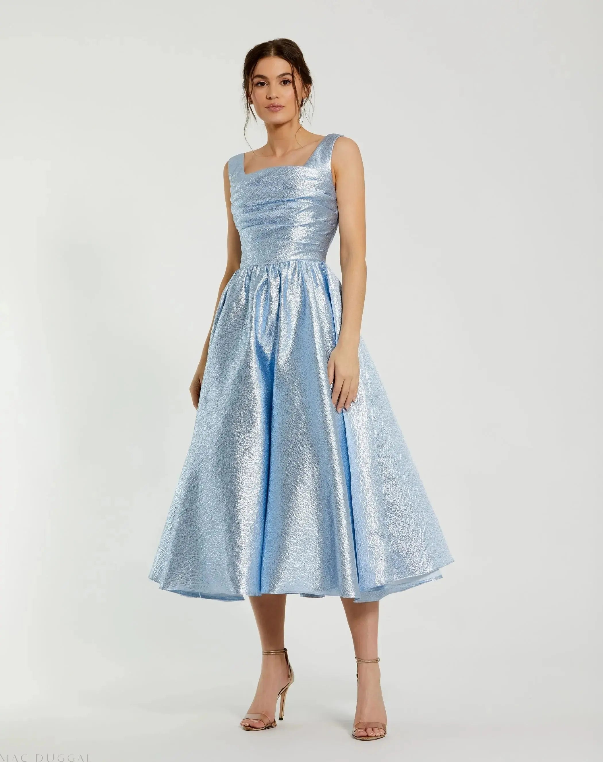 Blue Taffeta Square Neck Sleeveless A-Line Midi Dress-Myartka