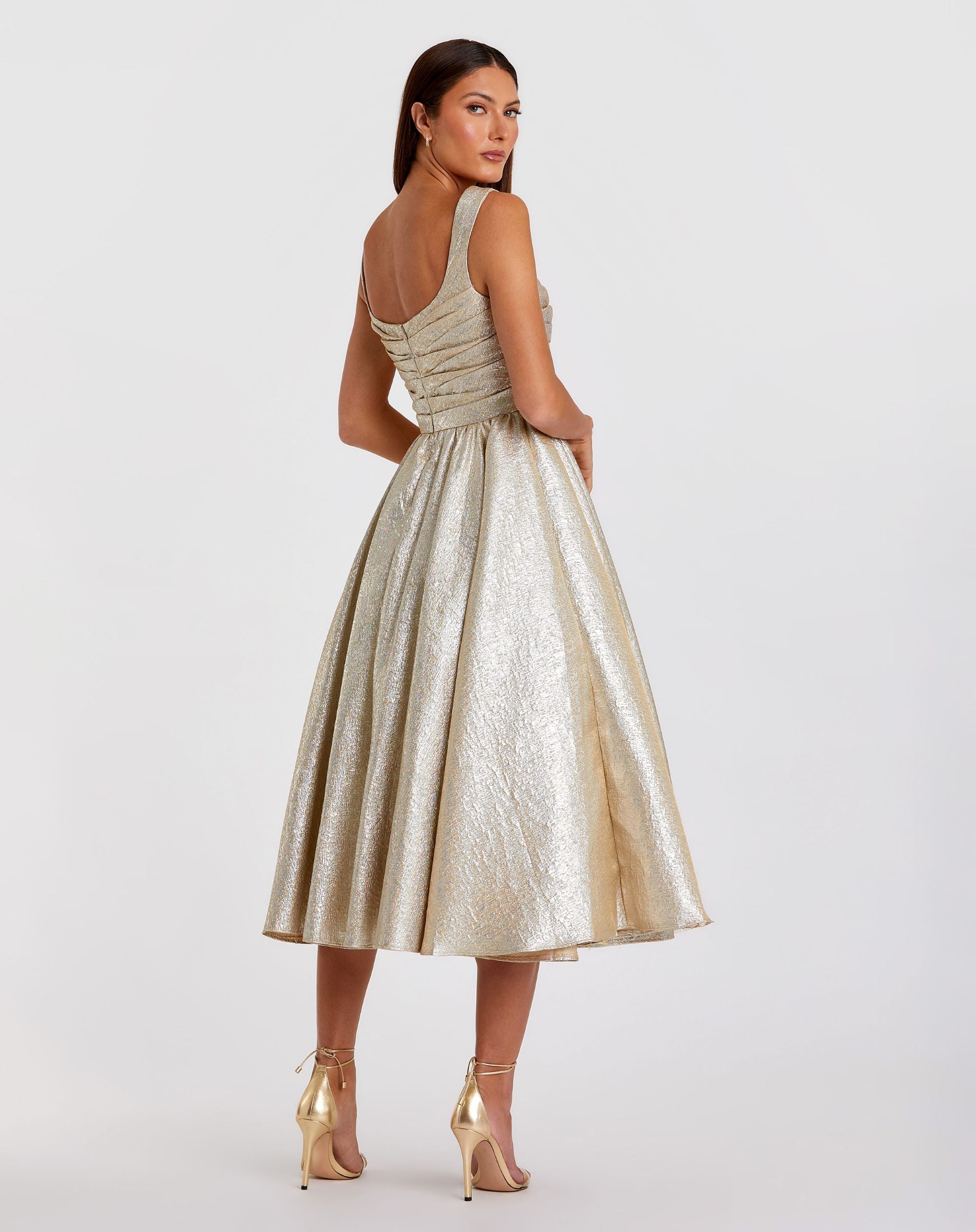 Gold Square Neck Sleeveless A Line Dress-Myartka