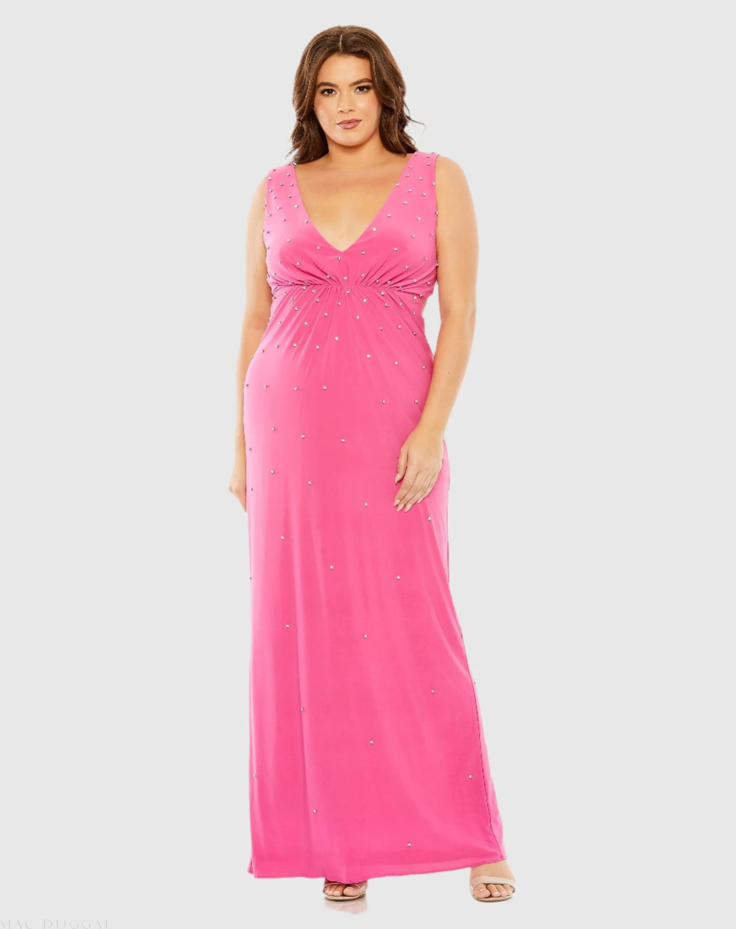 Pink Rhinestone Embellished Open Back Jersey Gown (Plus) - FINAL SALE-Myartka