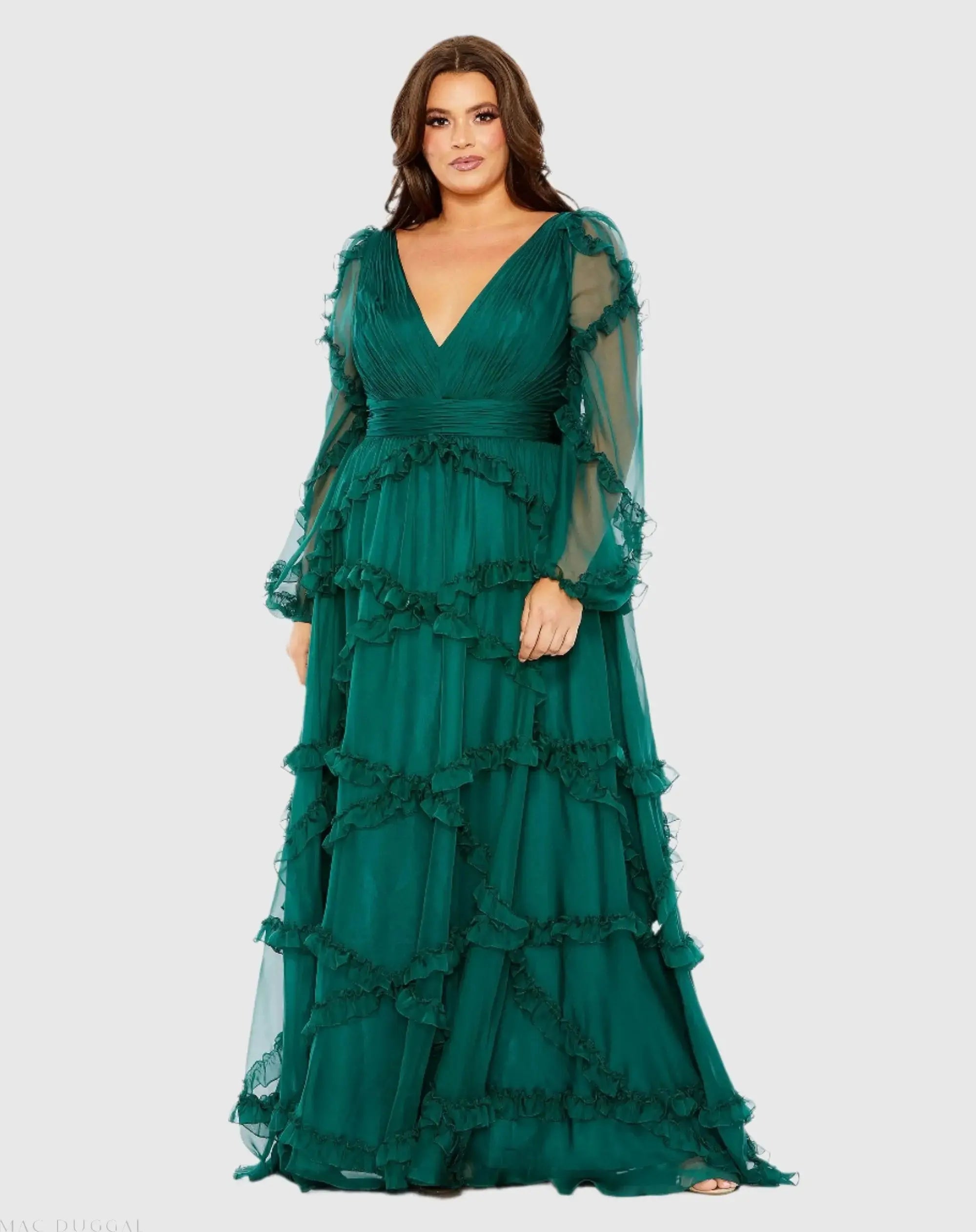 Green V Neck Ruffle Tiered Puff Sleeve Gown (Plus)-Myartka