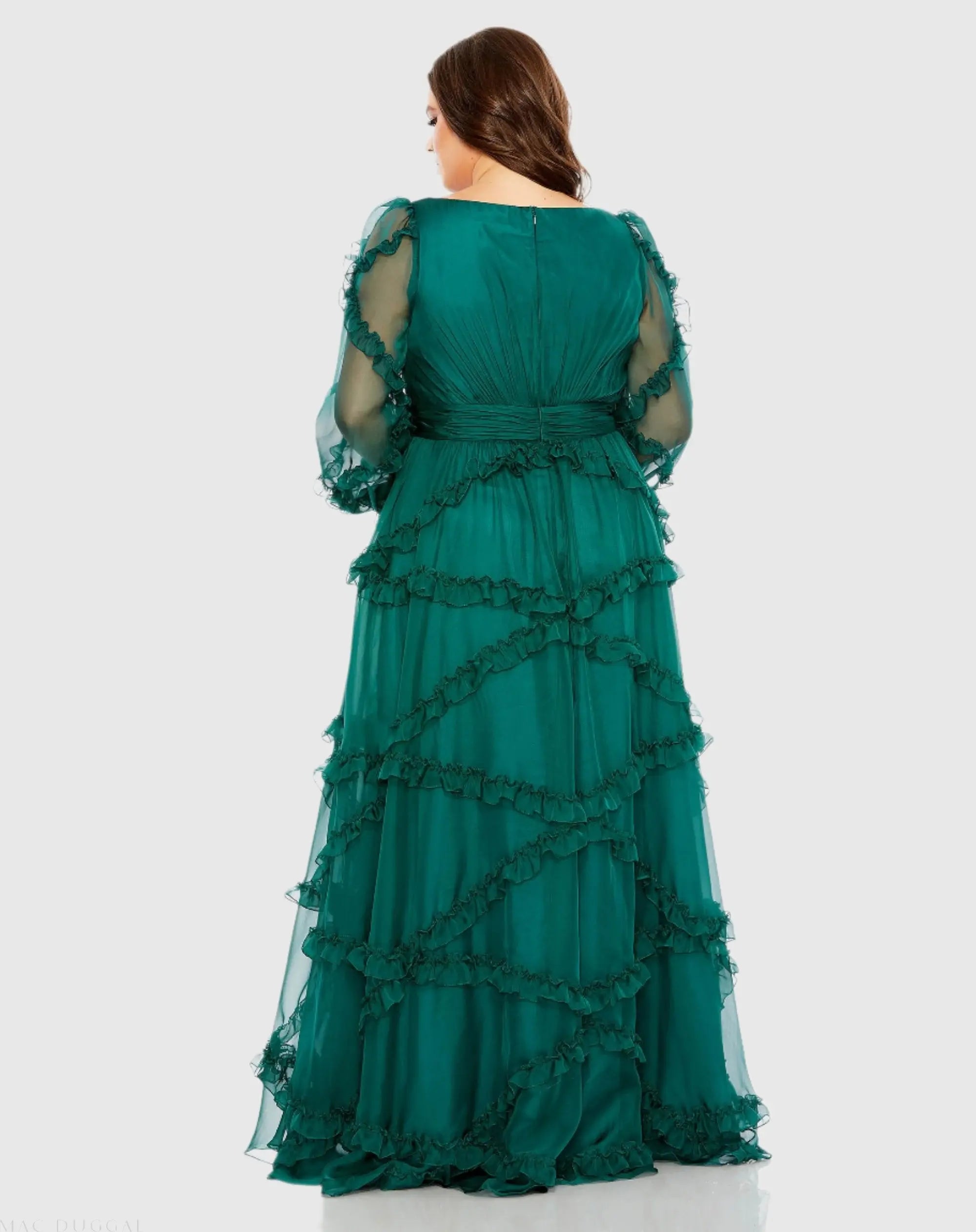 Green V Neck Ruffle Tiered Puff Sleeve Gown (Plus)-Myartka
