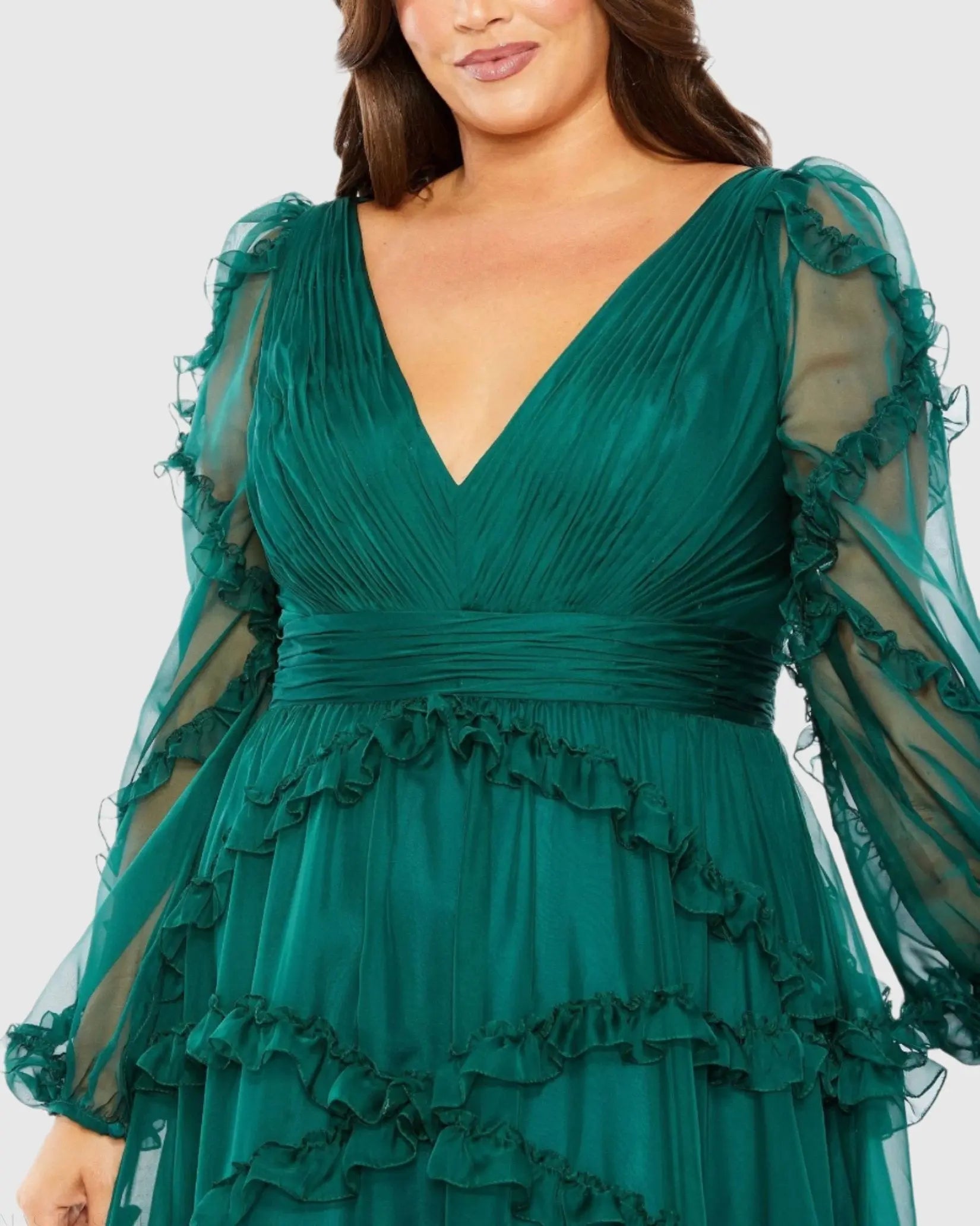 Green V Neck Ruffle Tiered Puff Sleeve Gown (Plus)-Myartka