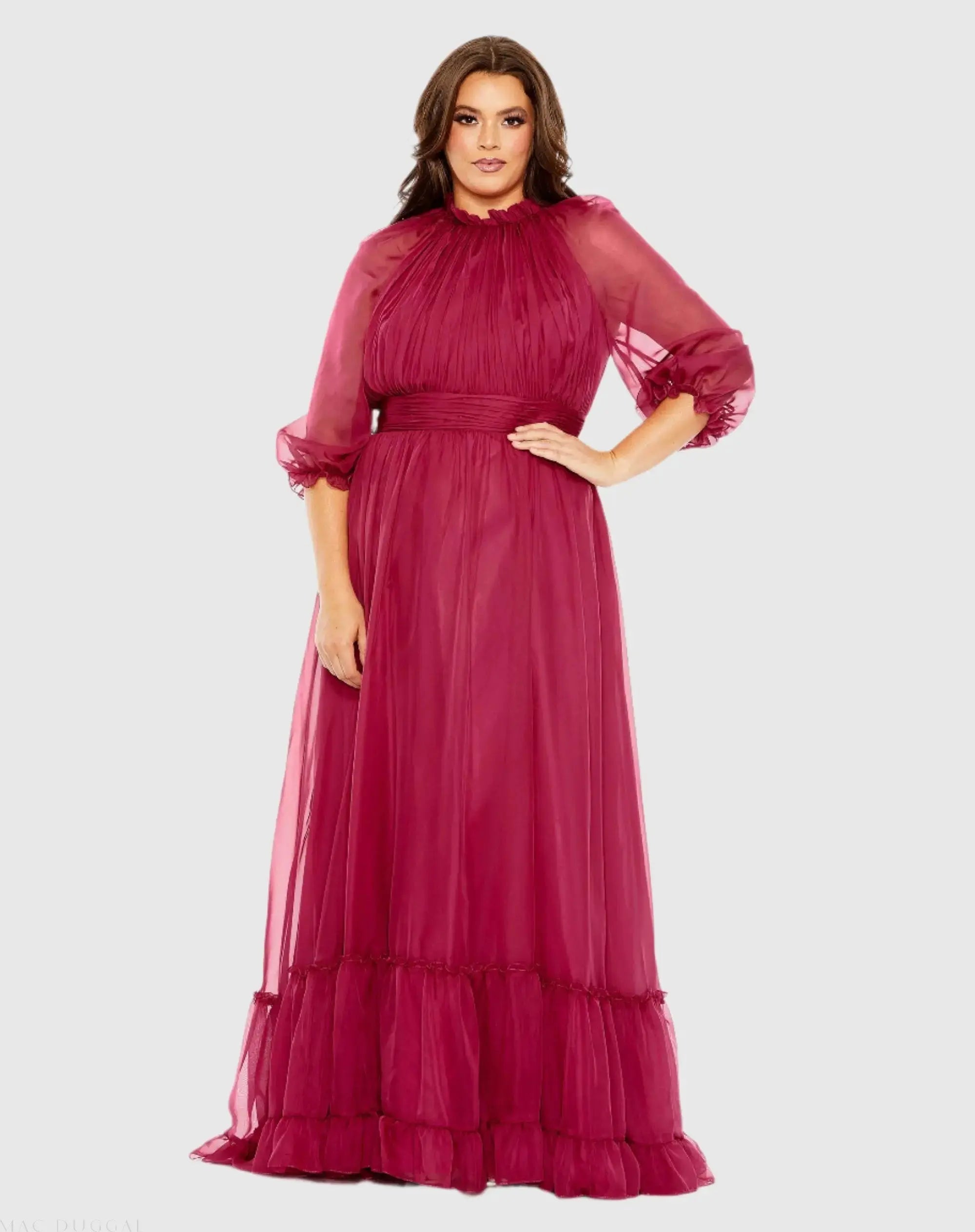 Purple High Neck Puff Sleeve Tiered A Line Gown (Plus)-Myartka