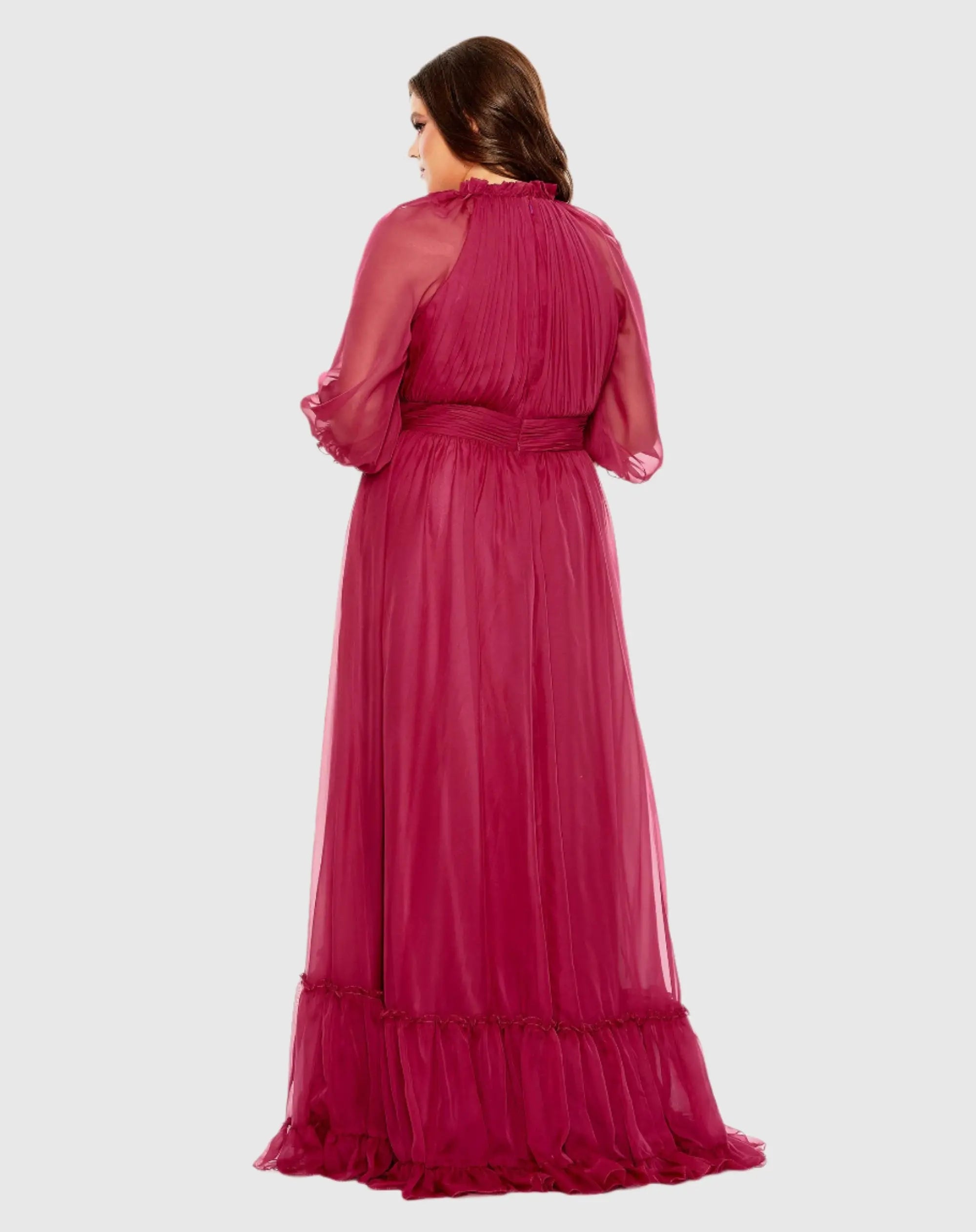 Purple High Neck Puff Sleeve Tiered A Line Gown (Plus)-Myartka