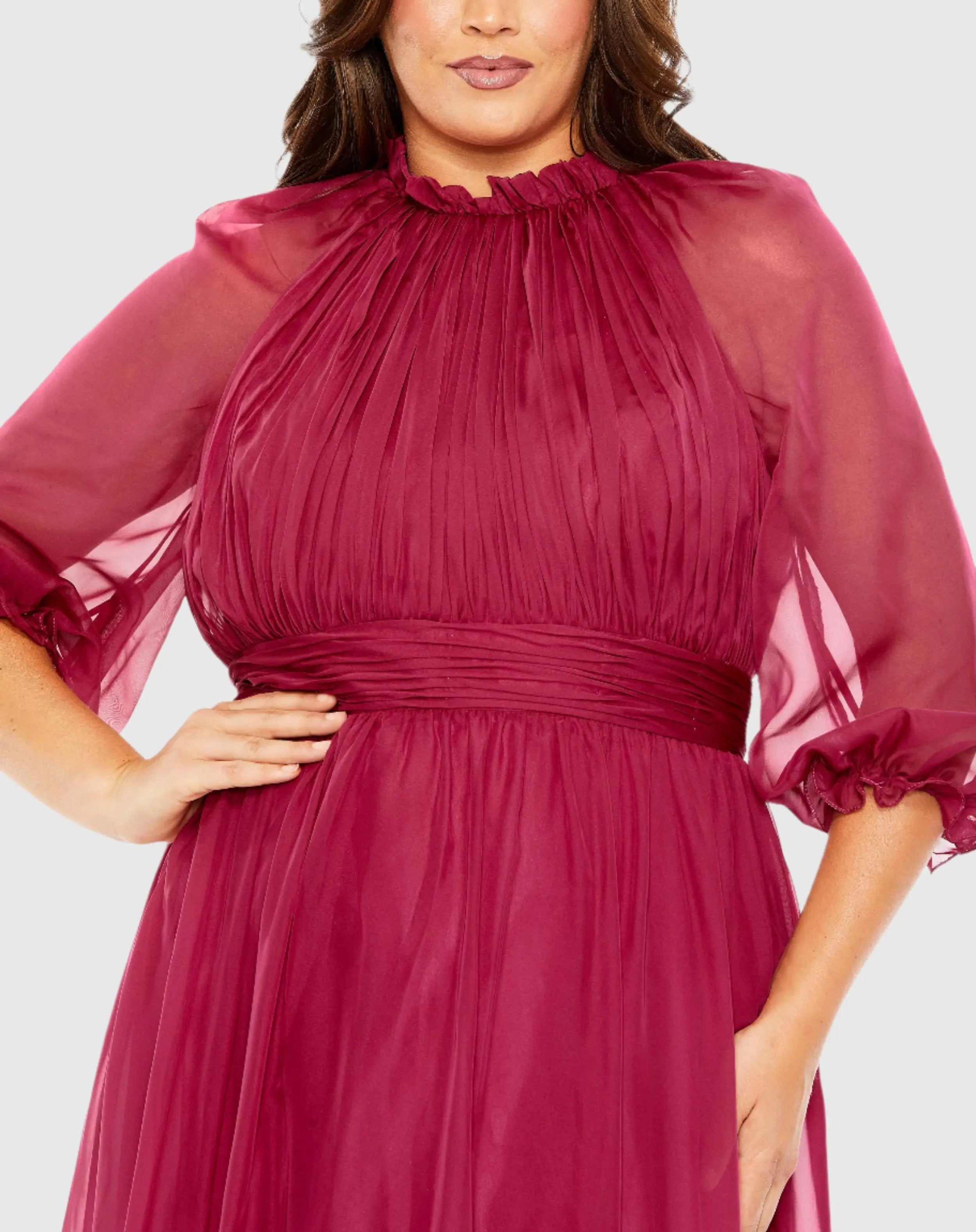 Purple High Neck Puff Sleeve Tiered A Line Gown (Plus)-Myartka