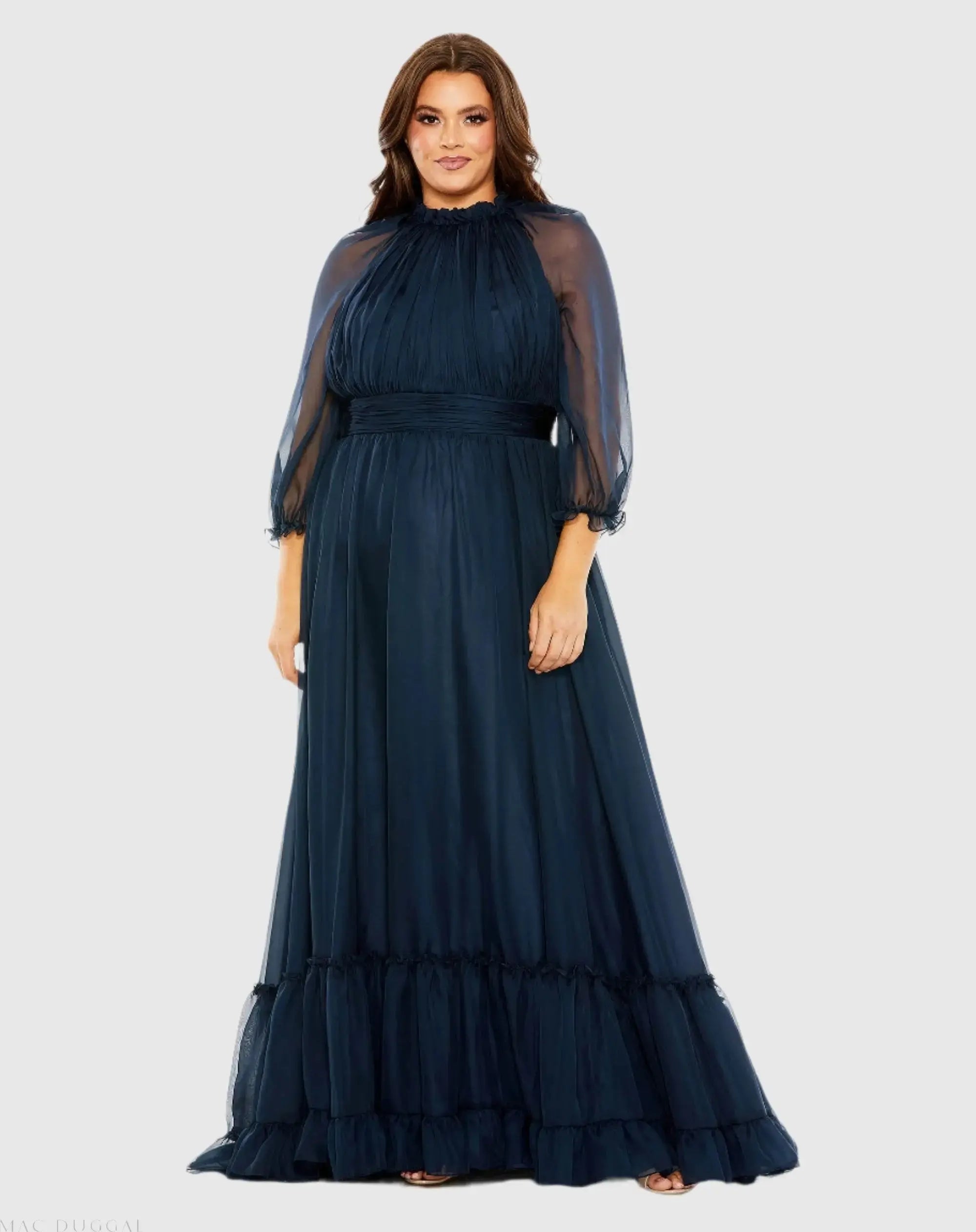 Navy High Neck Puff Sleeve Tiered A Line Gown (Plus)-Myartka