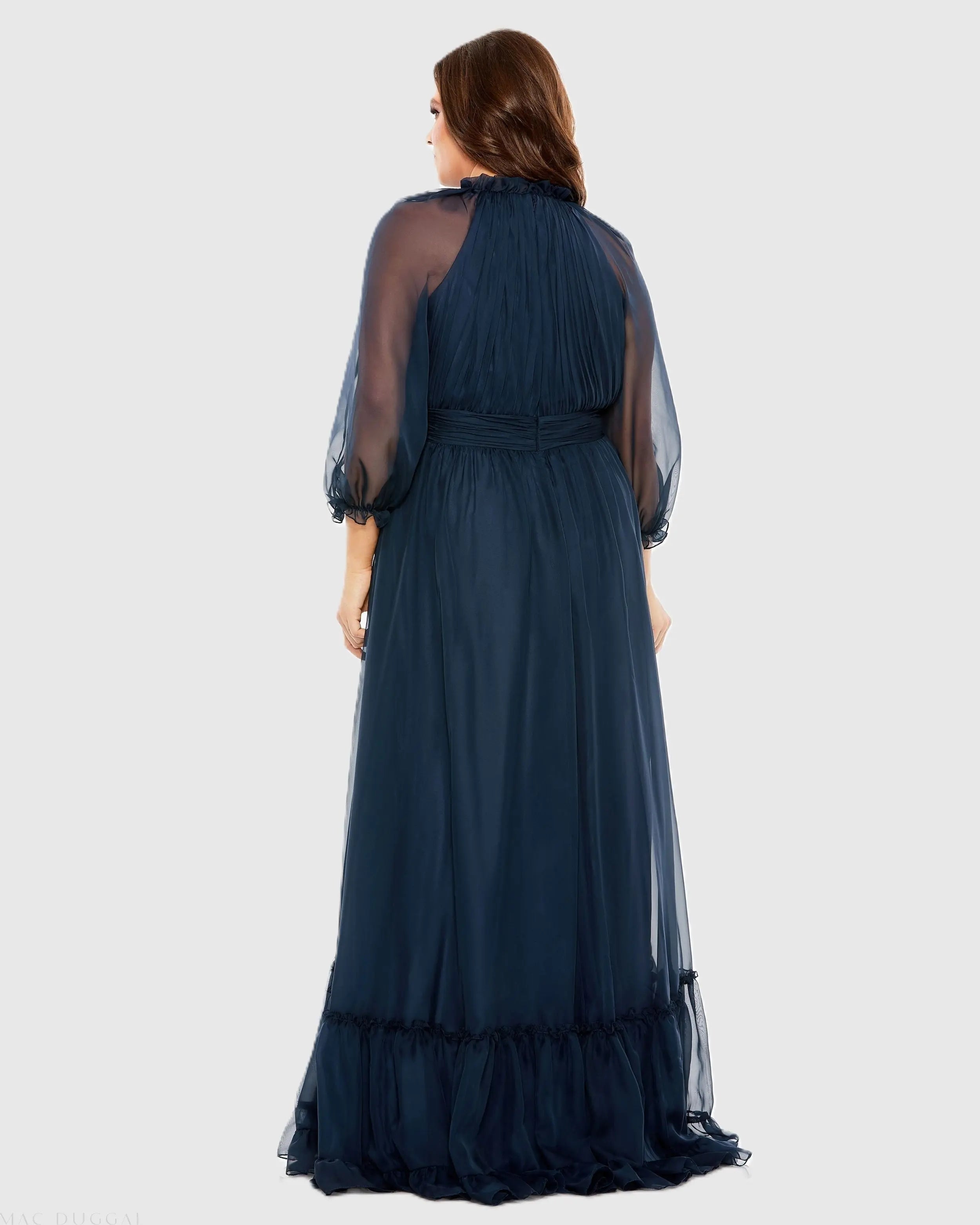 Navy High Neck Puff Sleeve Tiered A Line Gown (Plus)-Myartka