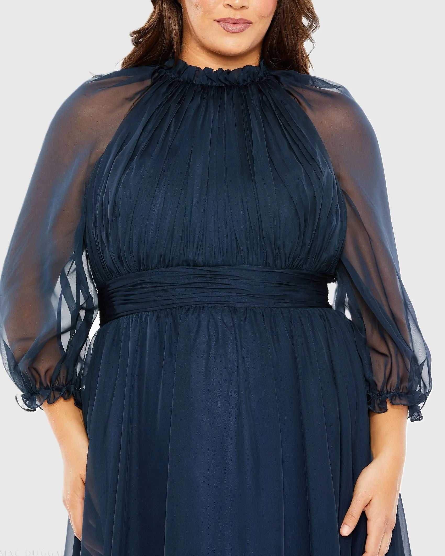 Navy High Neck Puff Sleeve Tiered A Line Gown (Plus)-Myartka
